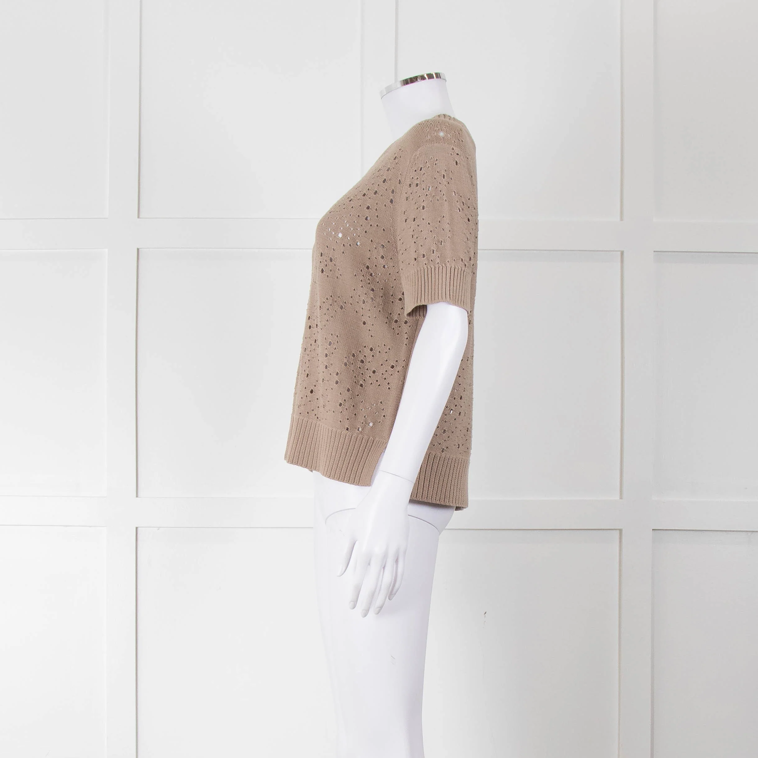 Akris Punto Cotton Crochet Beige Short Sleeve Knitted Top - Image 7