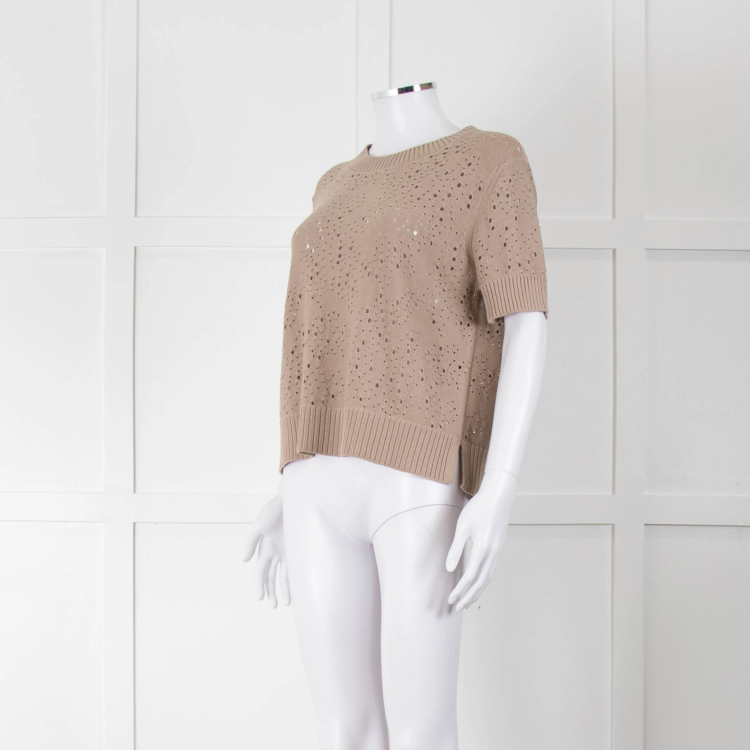 Akris Punto Cotton Crochet Beige Short Sleeve Knitted Top - Image 8