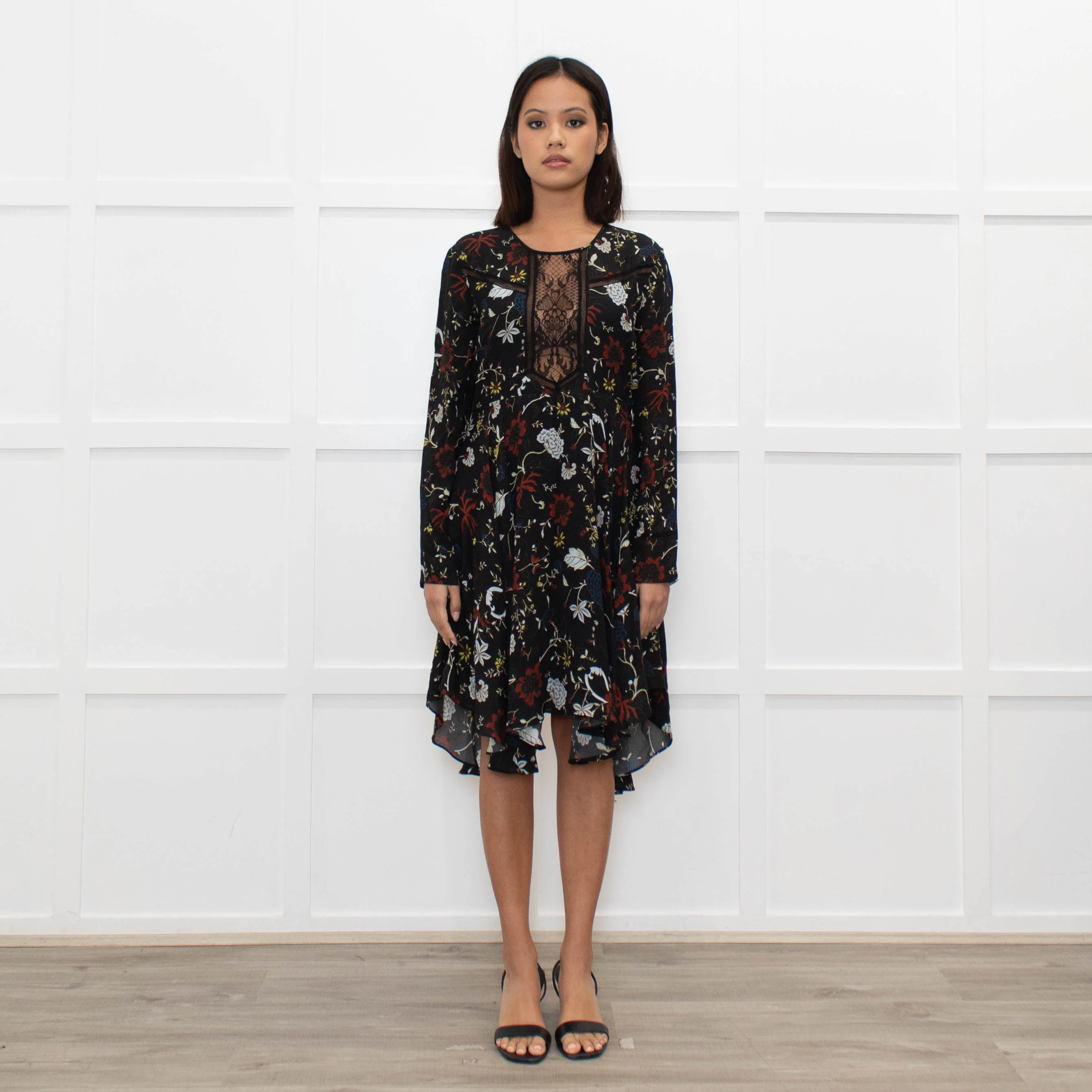 A.L.C Black Floral Long Sleeve Lace Detail Dress