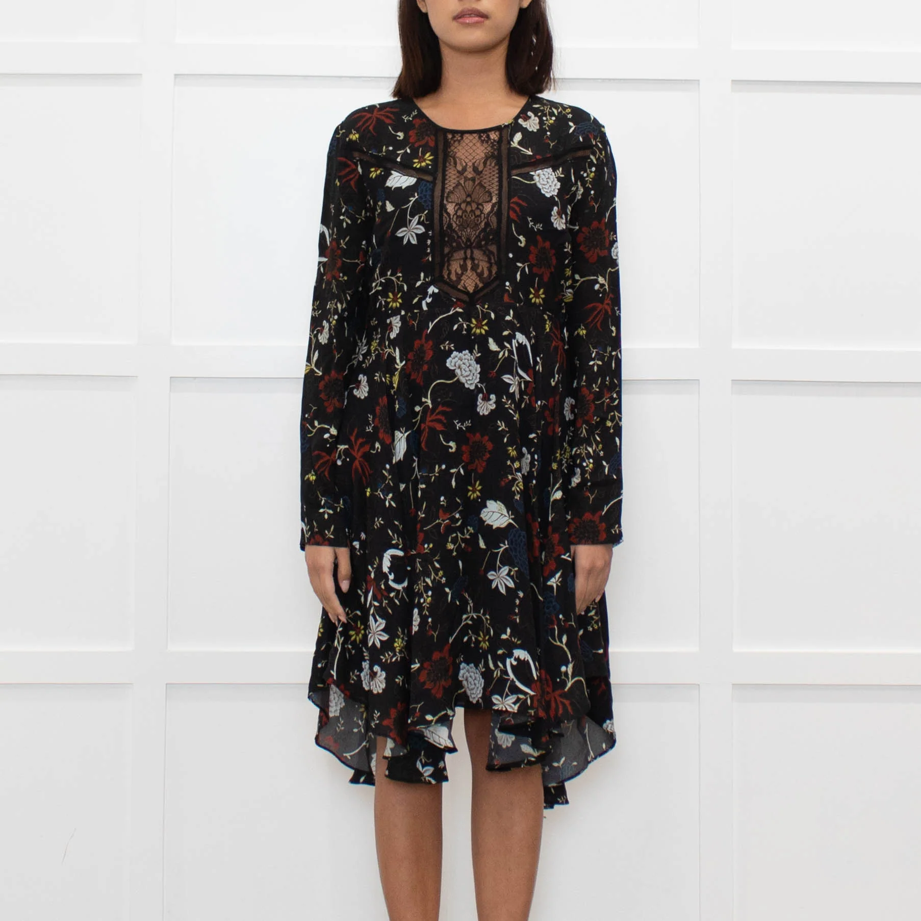 A.L.C Black Floral Long Sleeve Lace Detail Dress - Image 2