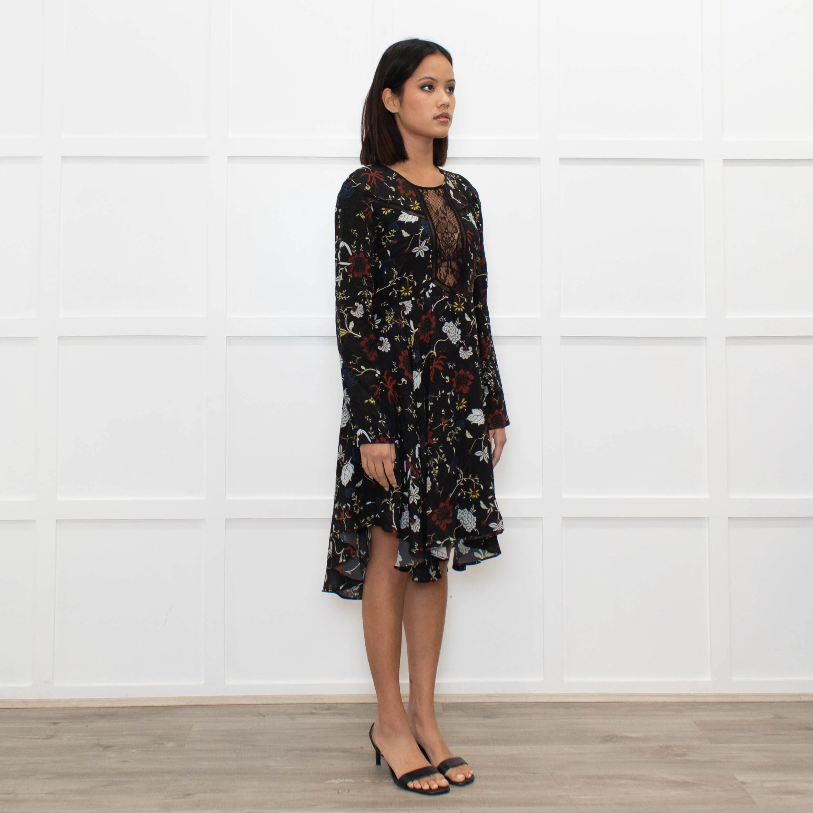 A.L.C Black Floral Long Sleeve Lace Detail Dress - Image 3