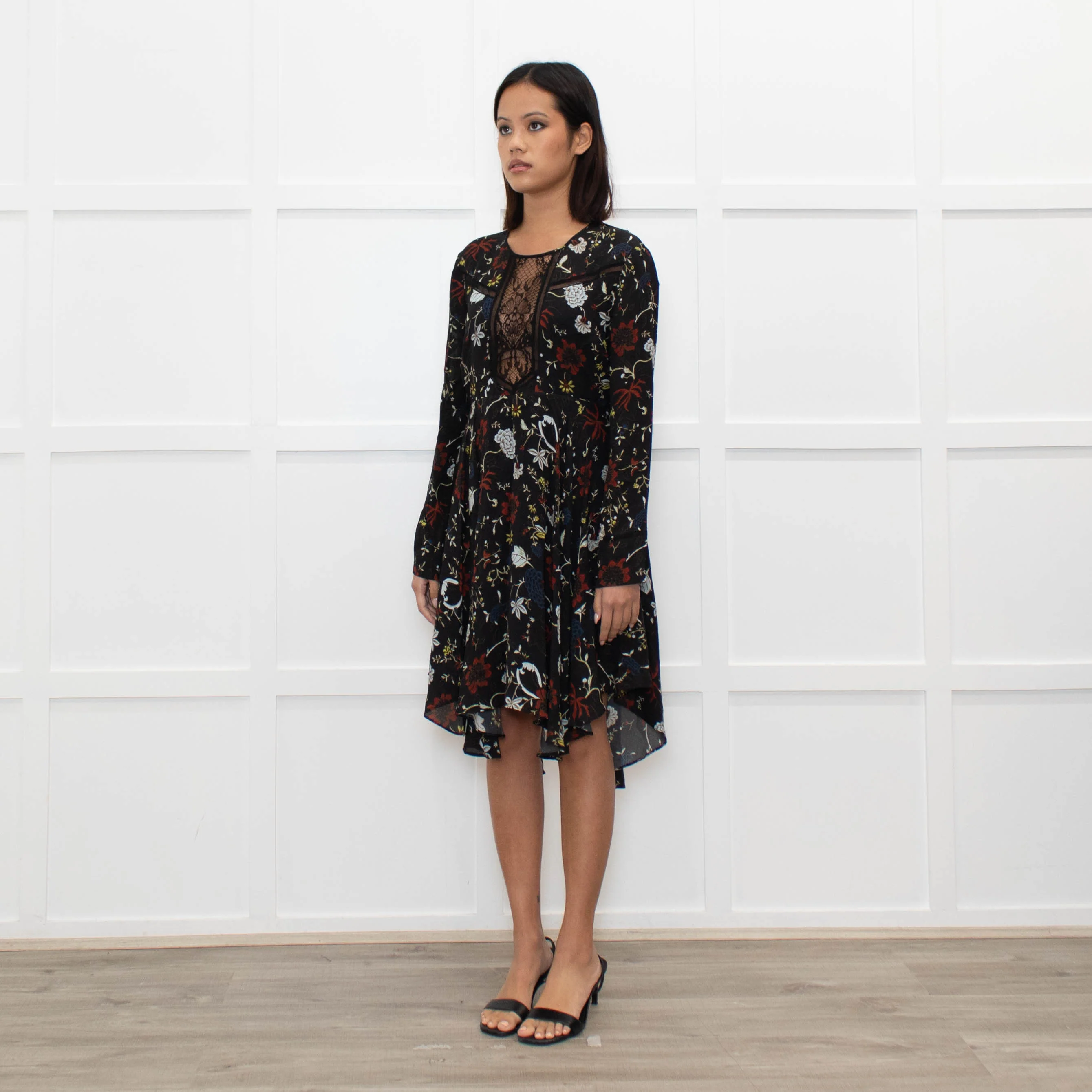 A.L.C Black Floral Long Sleeve Lace Detail Dress - Image 7