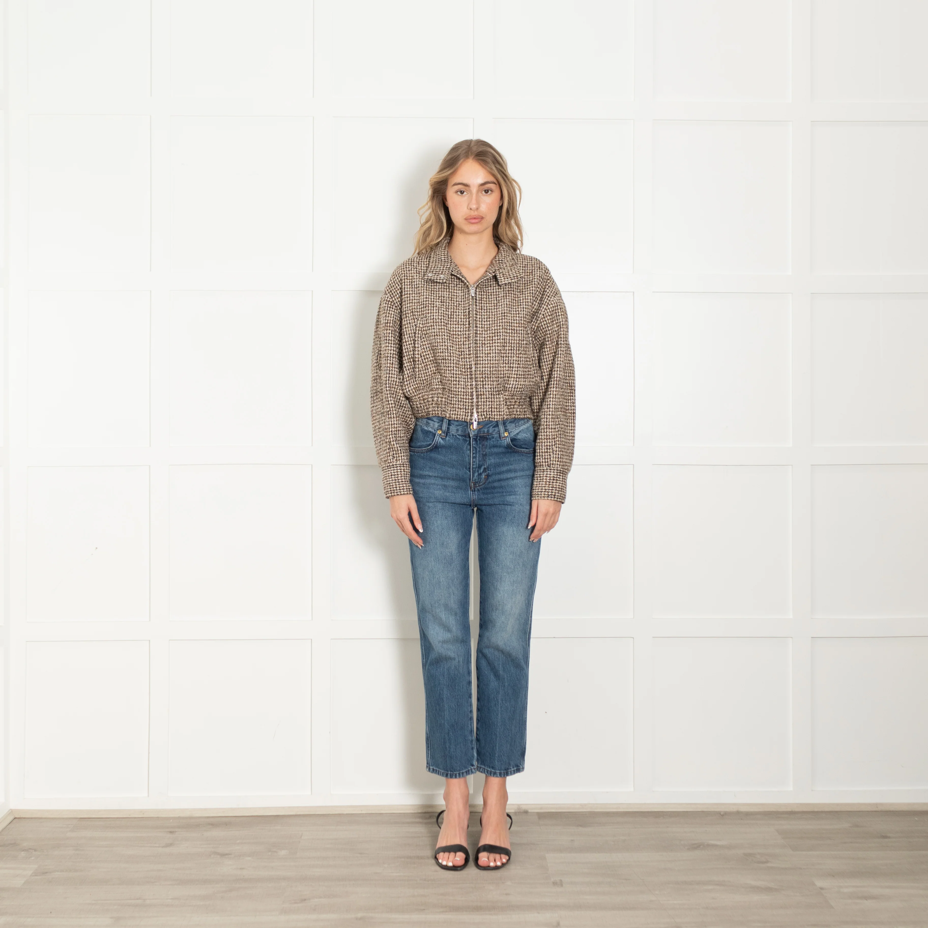 A.L.C Brown Houndstooth Wool Blend Cropped  Bomber Jacket