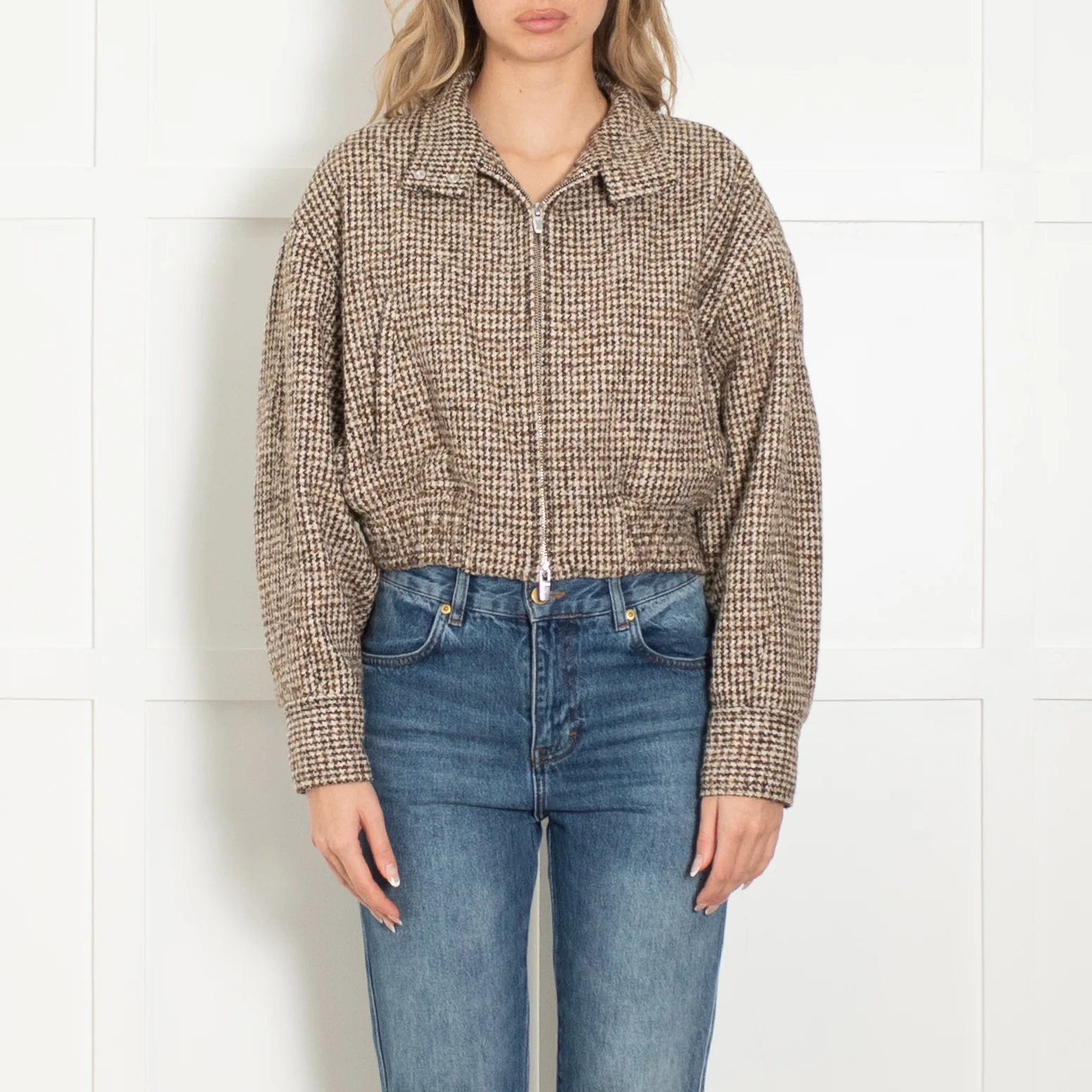 A.L.C Brown Houndstooth Wool Blend Cropped  Bomber Jacket - Image 2
