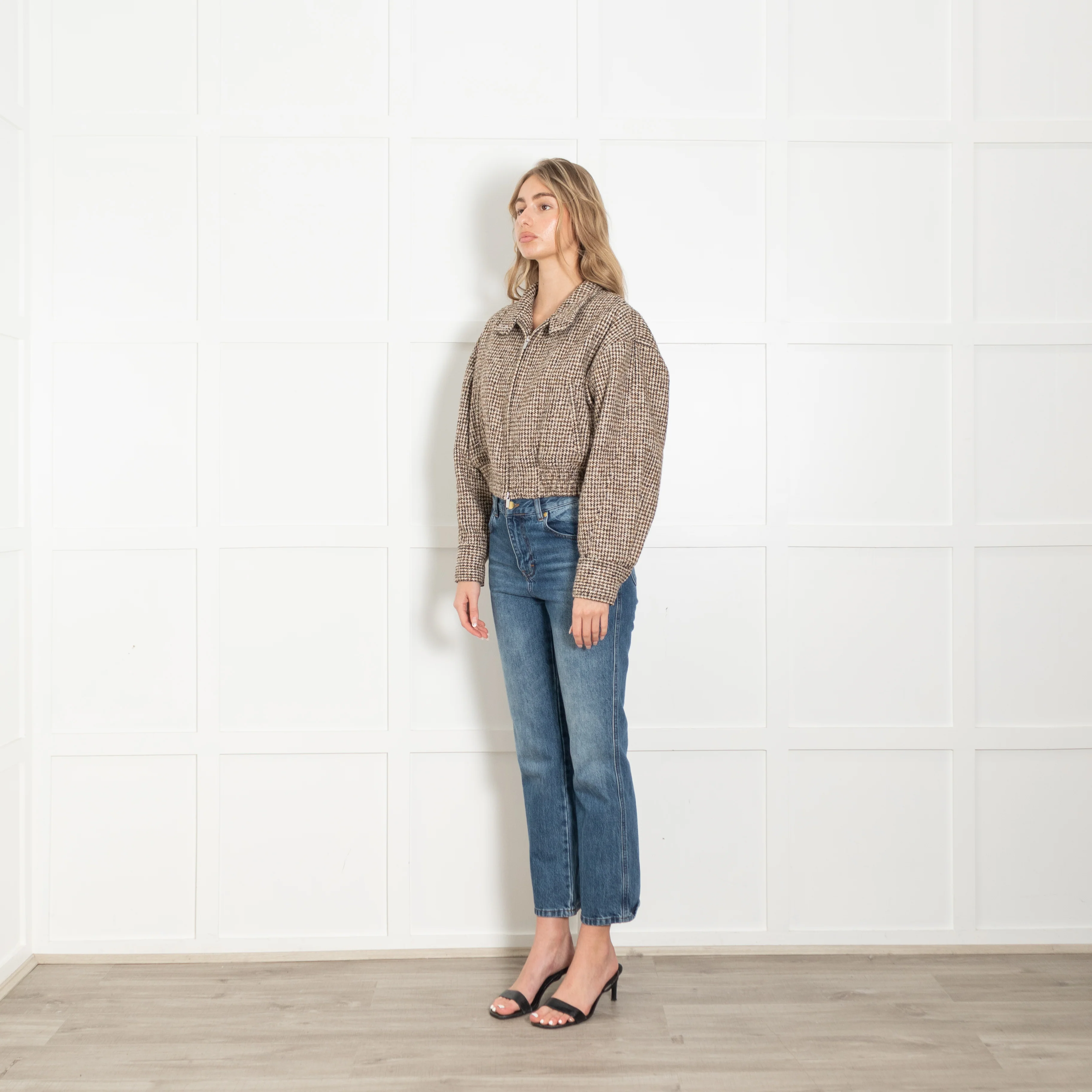 A.L.C Brown Houndstooth Wool Blend Cropped  Bomber Jacket - Image 3