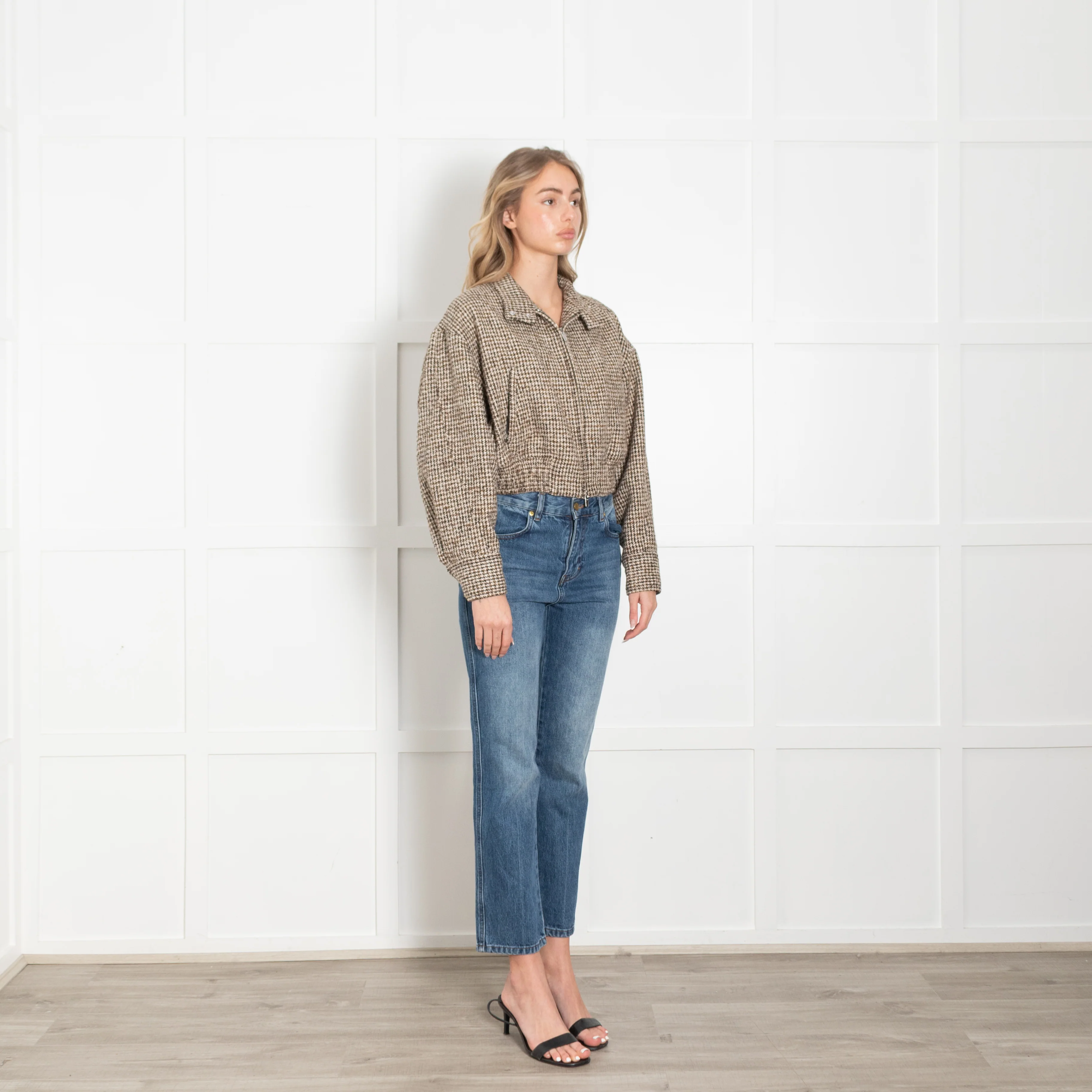 A.L.C Brown Houndstooth Wool Blend Cropped  Bomber Jacket - Image 7