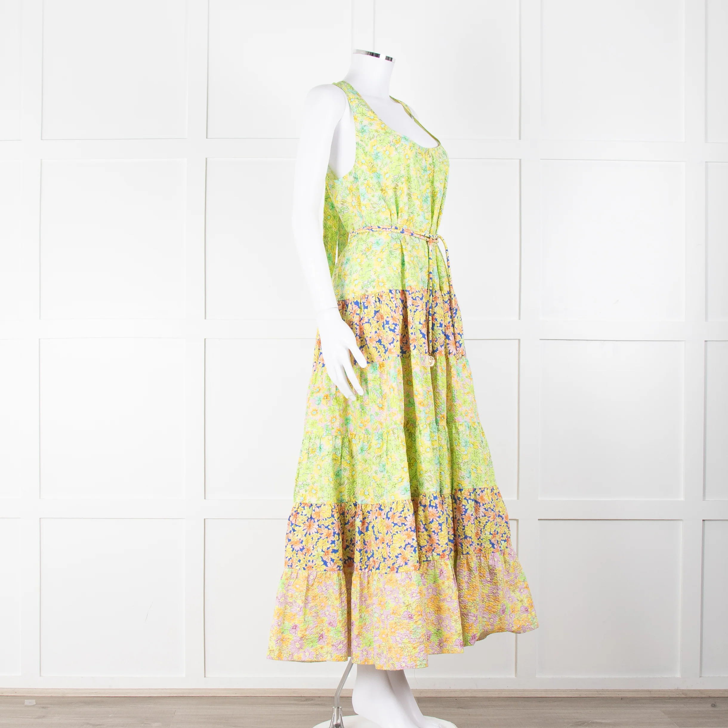 Alemais Lime Green Yellow Textured Tiered Belted Sleeveless Dress - Image 2