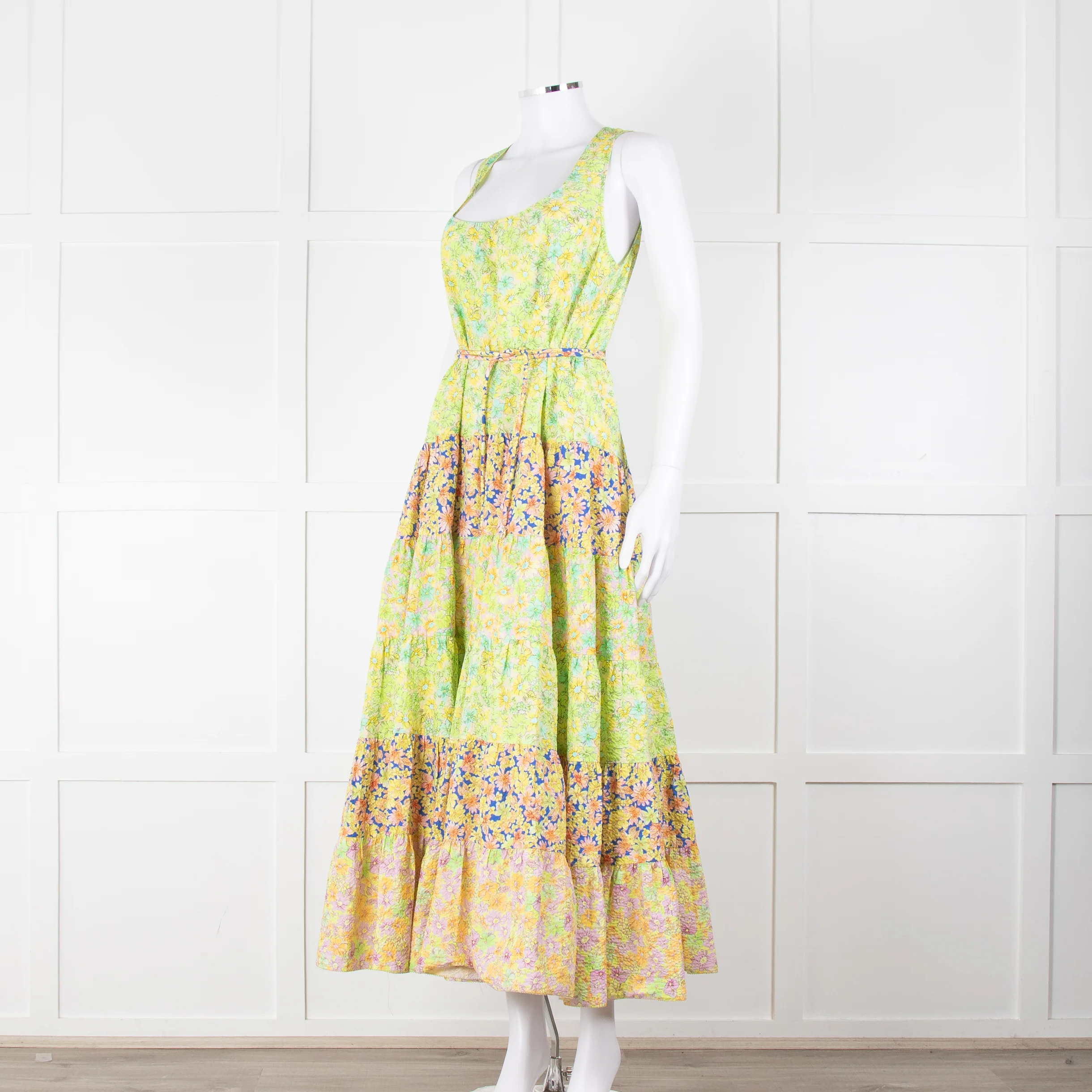 Alemais Lime Green Yellow Textured Tiered Belted Sleeveless Dress - Image 8