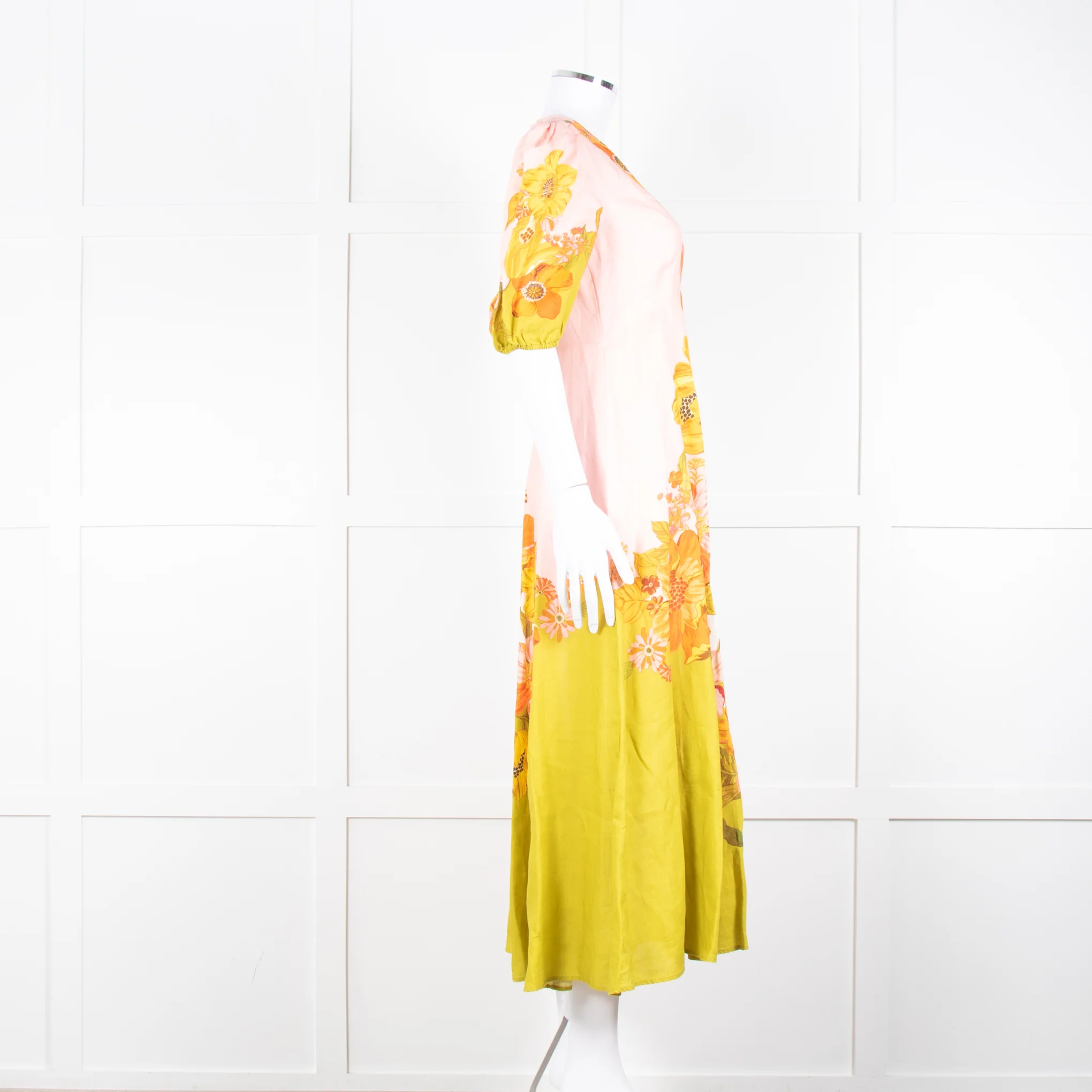 Alemais Orange Yellow Green Floral Linen Puff Sleeve Maxi Dress - Image 3