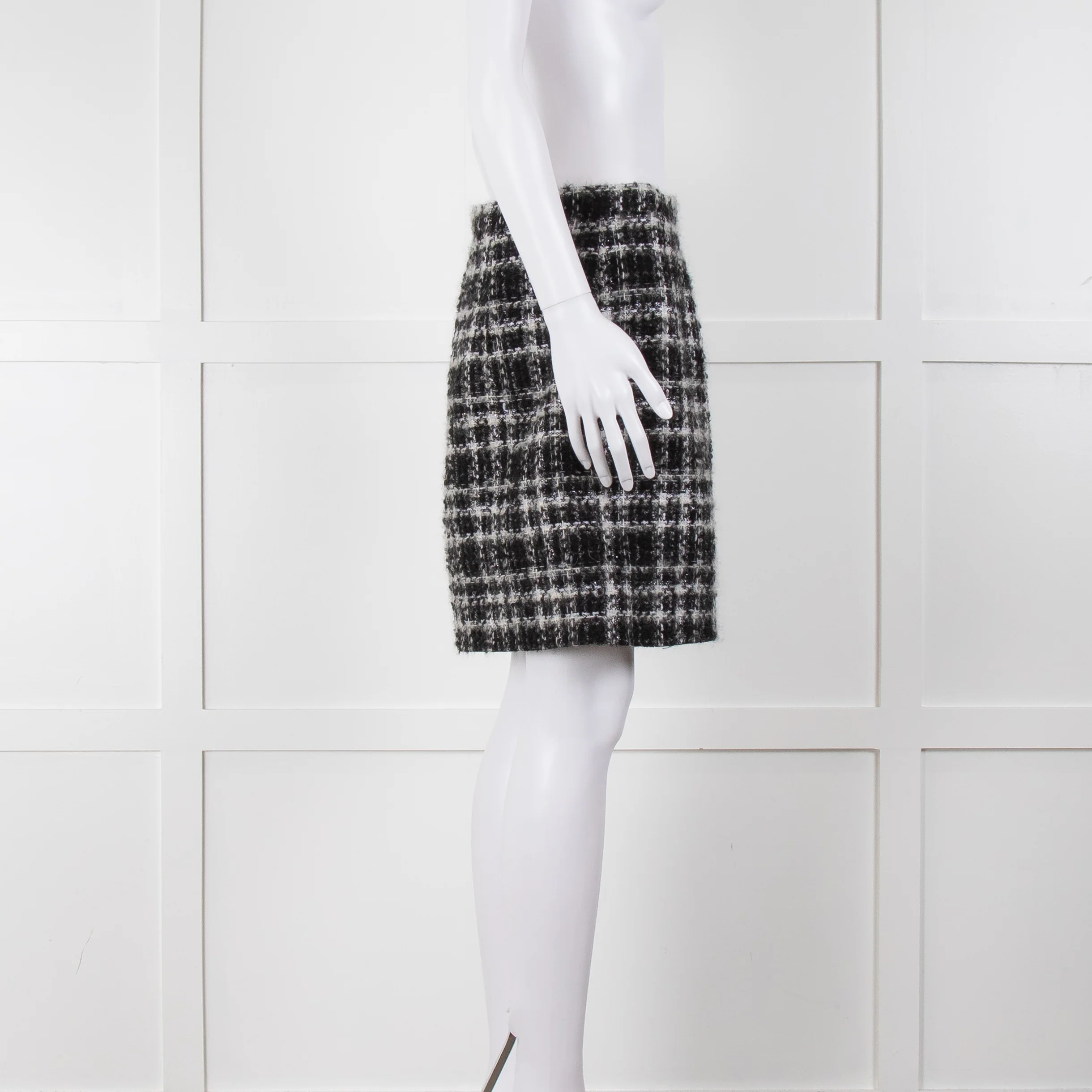 Alessandra Rich Black White Silver Lurex Tweedy Wool Blend Mini Skirt - Image 3