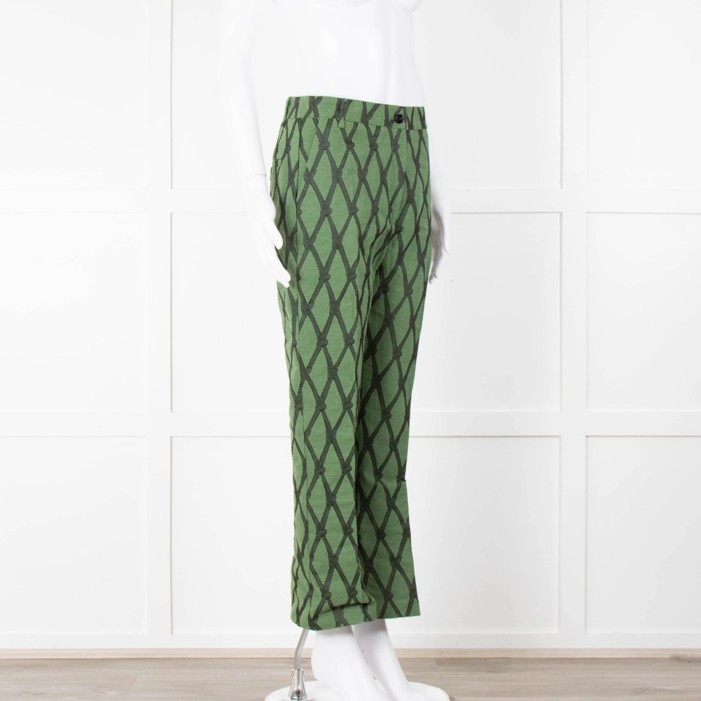 Alessia Santi Khaki Green Diamond Knot Print Trousers - Image 4