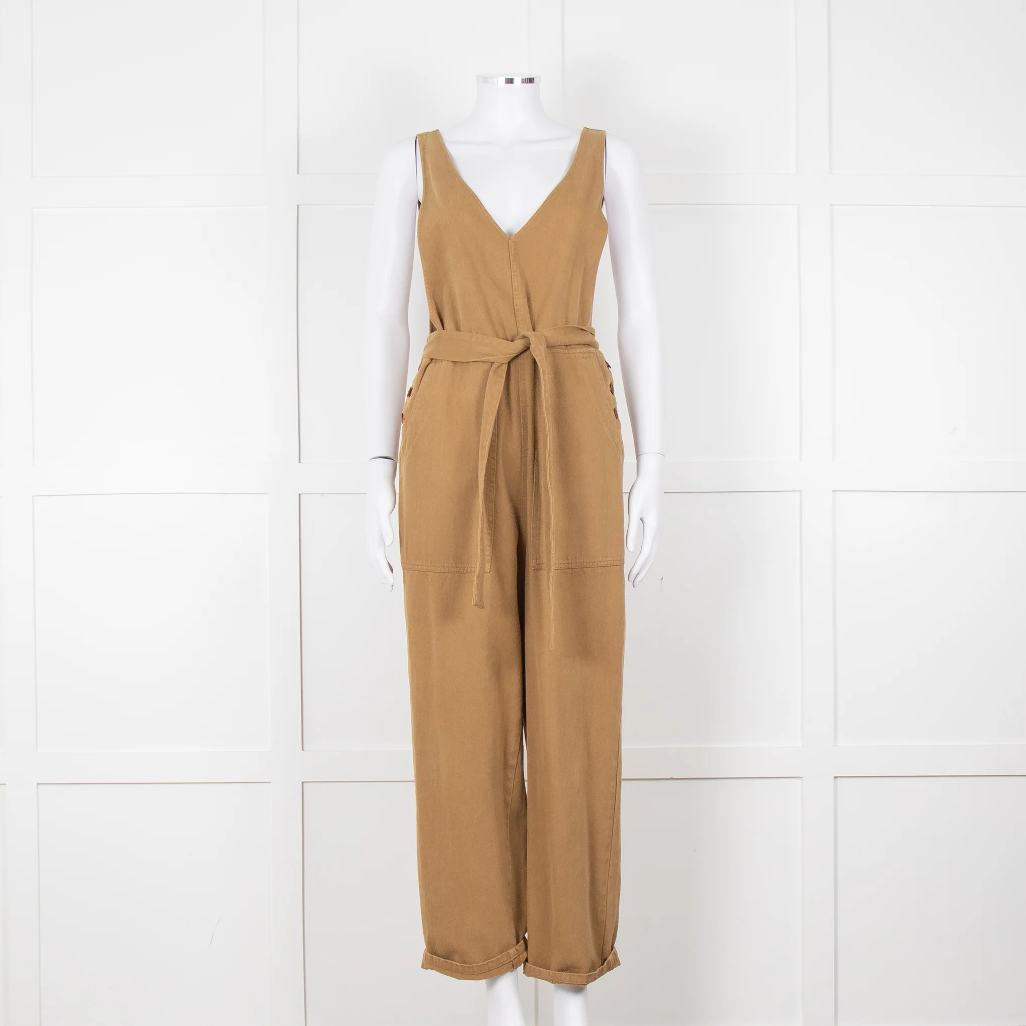 Alex Mill Khaki Deep V Neck Belted Jumpsuit