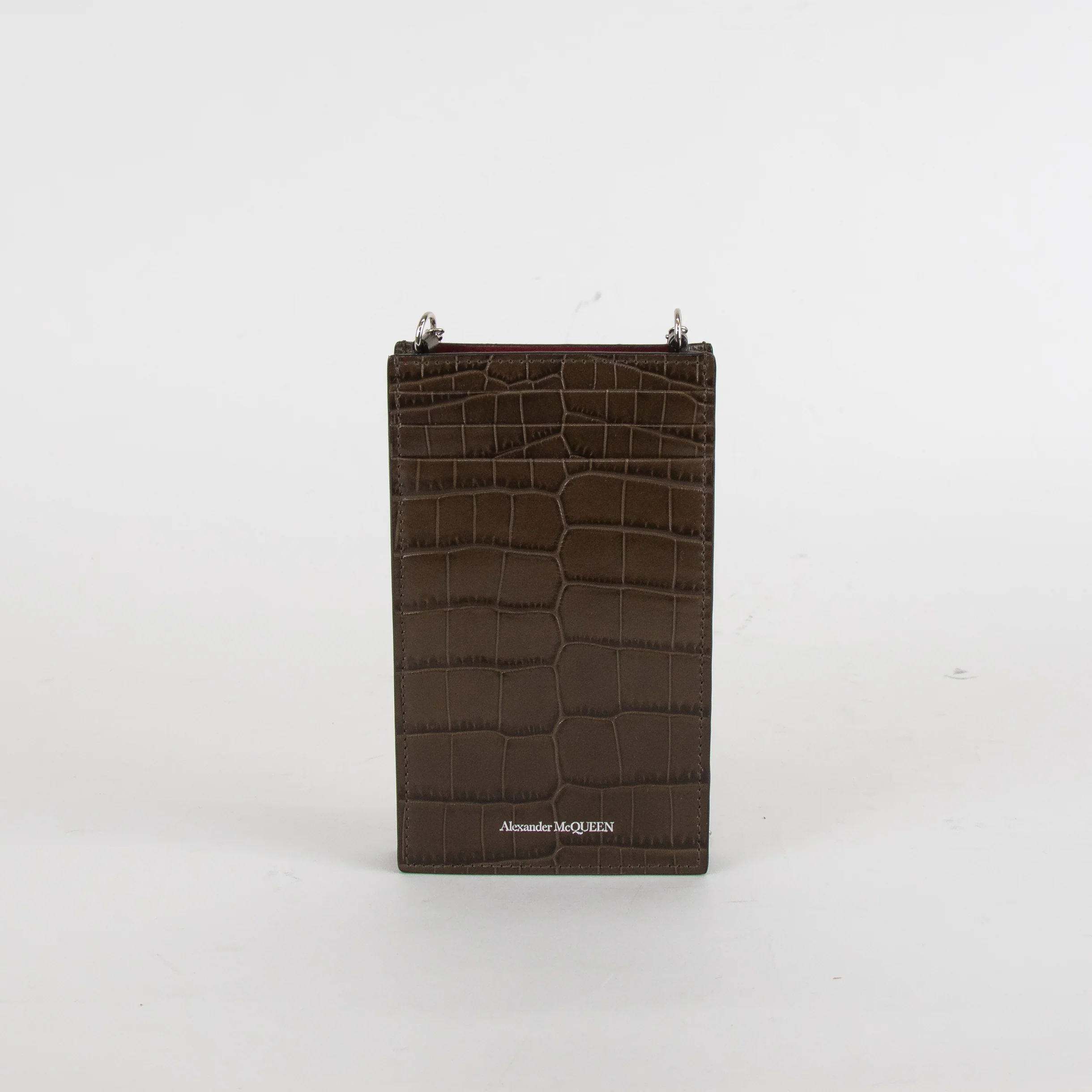 Alexander McQueen Khaki Phone Case with Silver Long Chain - Image 4