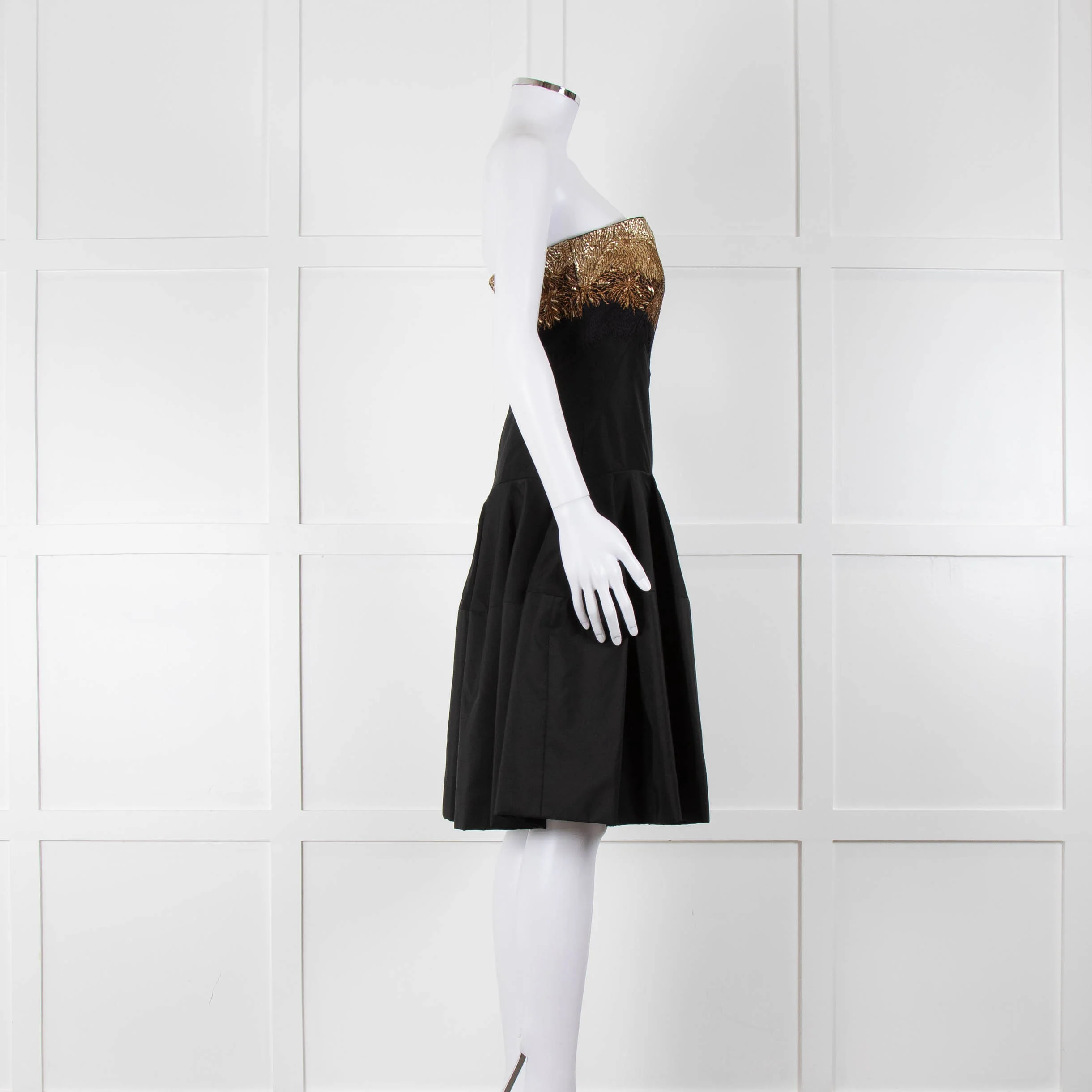 Alexander McQueen Black Faille Flared Pleated Dress with Gold Brocade Bust - Image 3