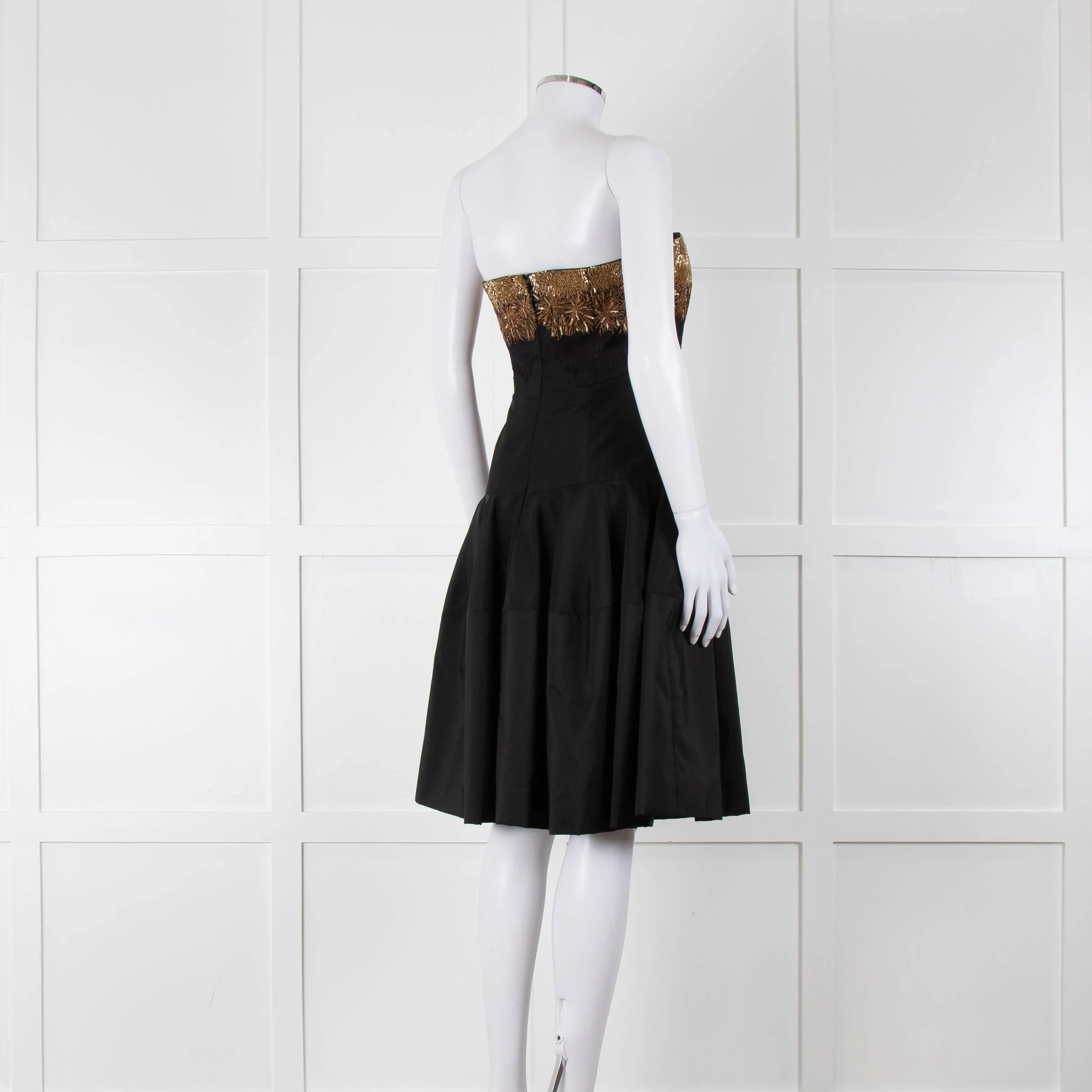 Alexander McQueen Black Faille Flared Pleated Dress with Gold Brocade Bust - Image 4
