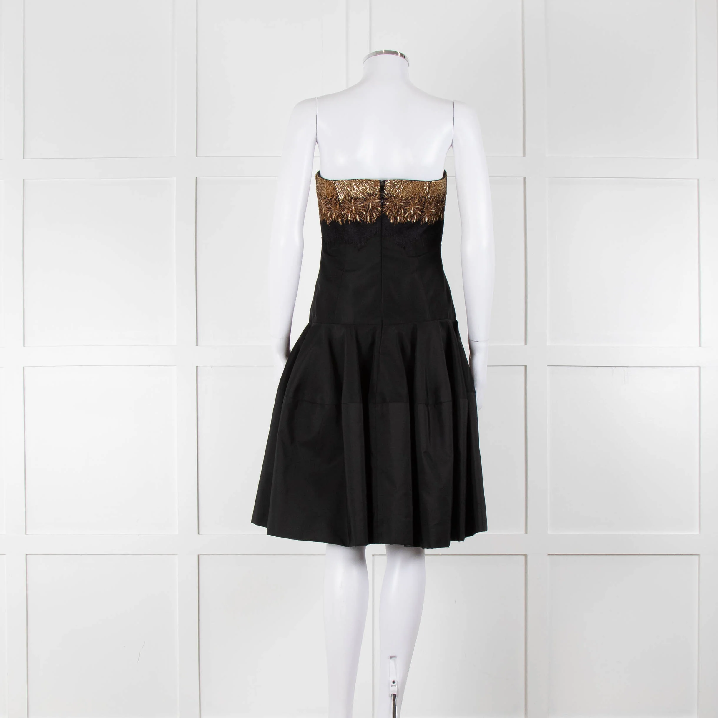 Alexander McQueen Black Faille Flared Pleated Dress with Gold Brocade Bust - Image 5
