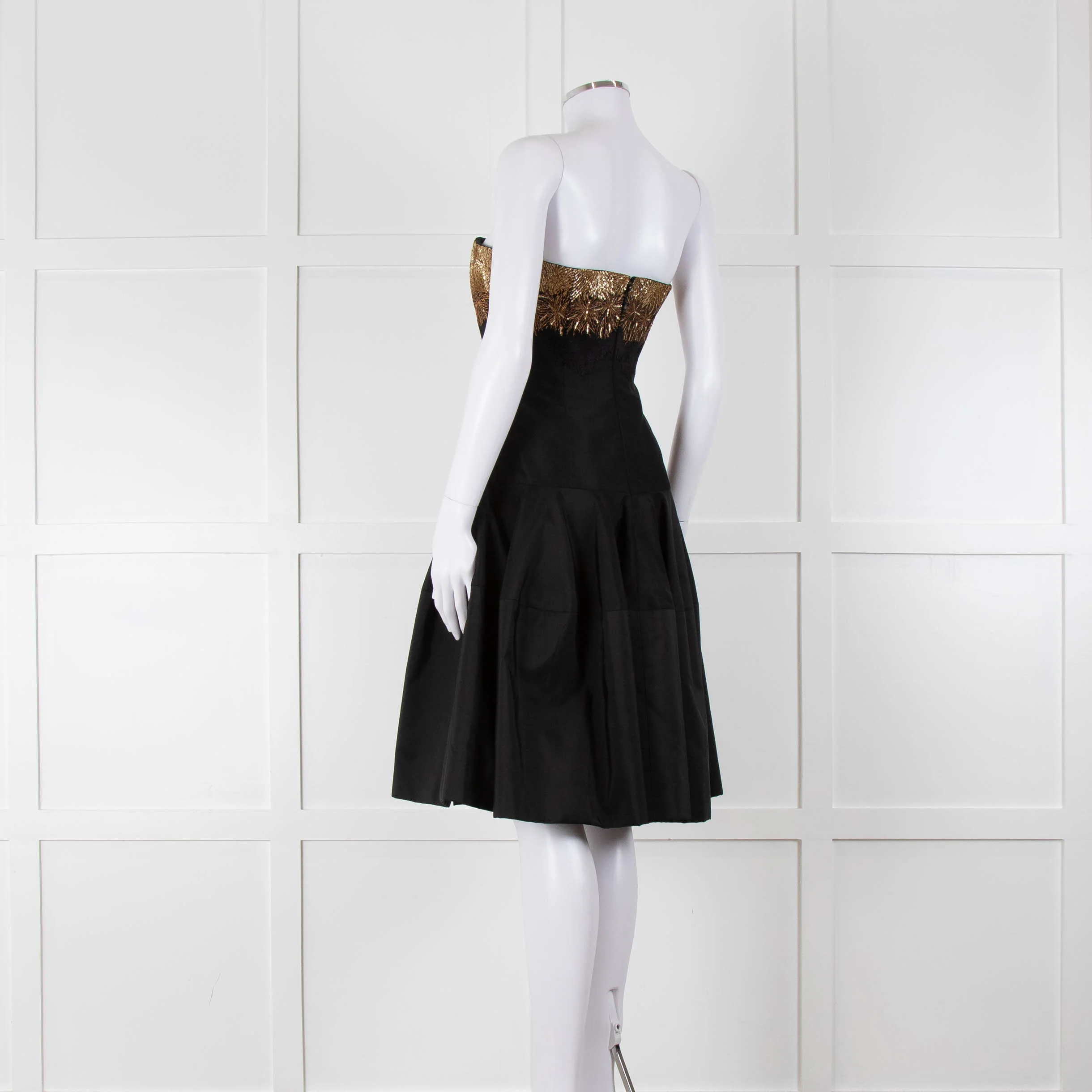 Alexander McQueen Black Faille Flared Pleated Dress with Gold Brocade Bust - Image 6
