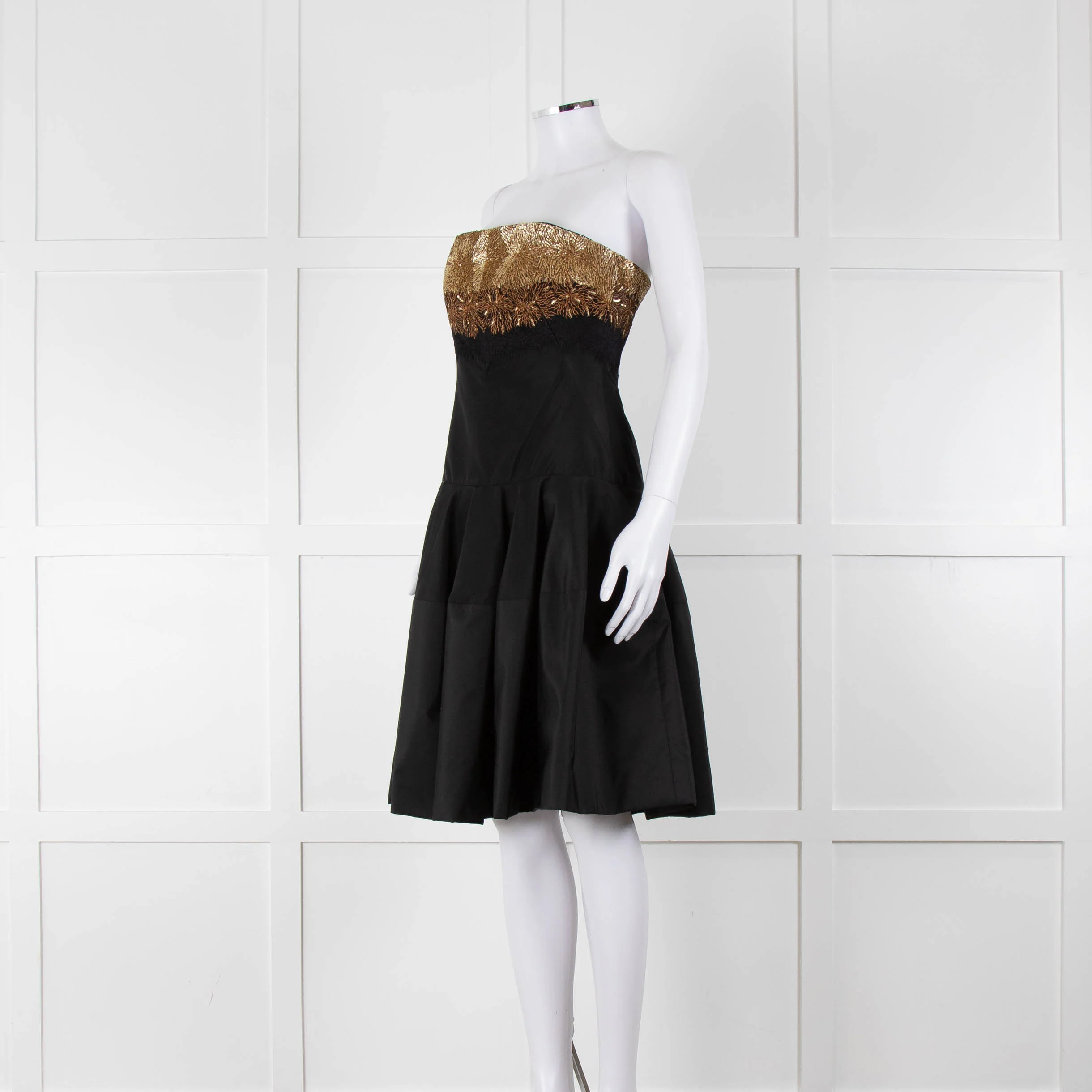Alexander McQueen Black Faille Flared Pleated Dress with Gold Brocade Bust - Image 8