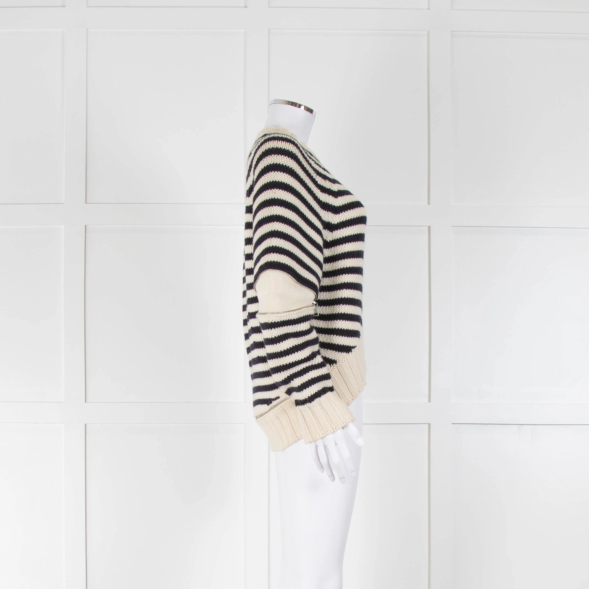 Alexander McQueen Cream and Navy Stripe Zip Detail Jumper - Image 3