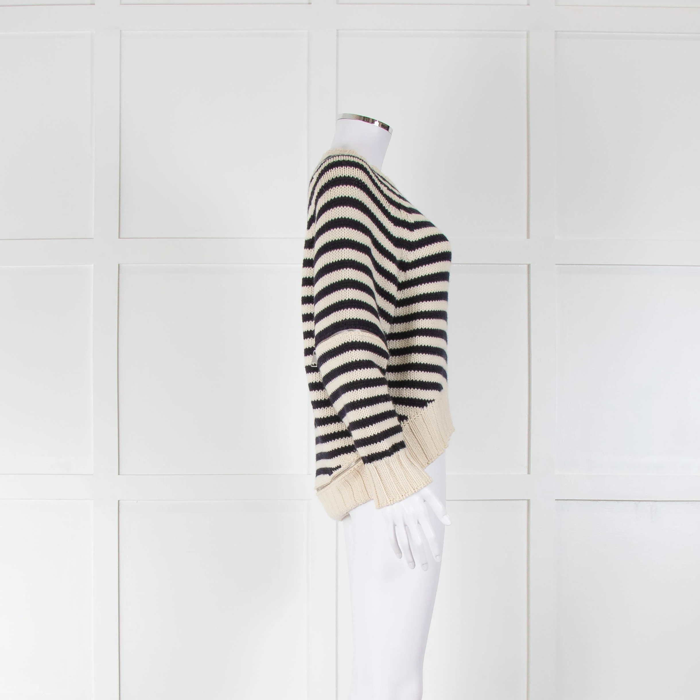 Alexander McQueen Cream and Navy Stripe Zip Detail Jumper - Image 4