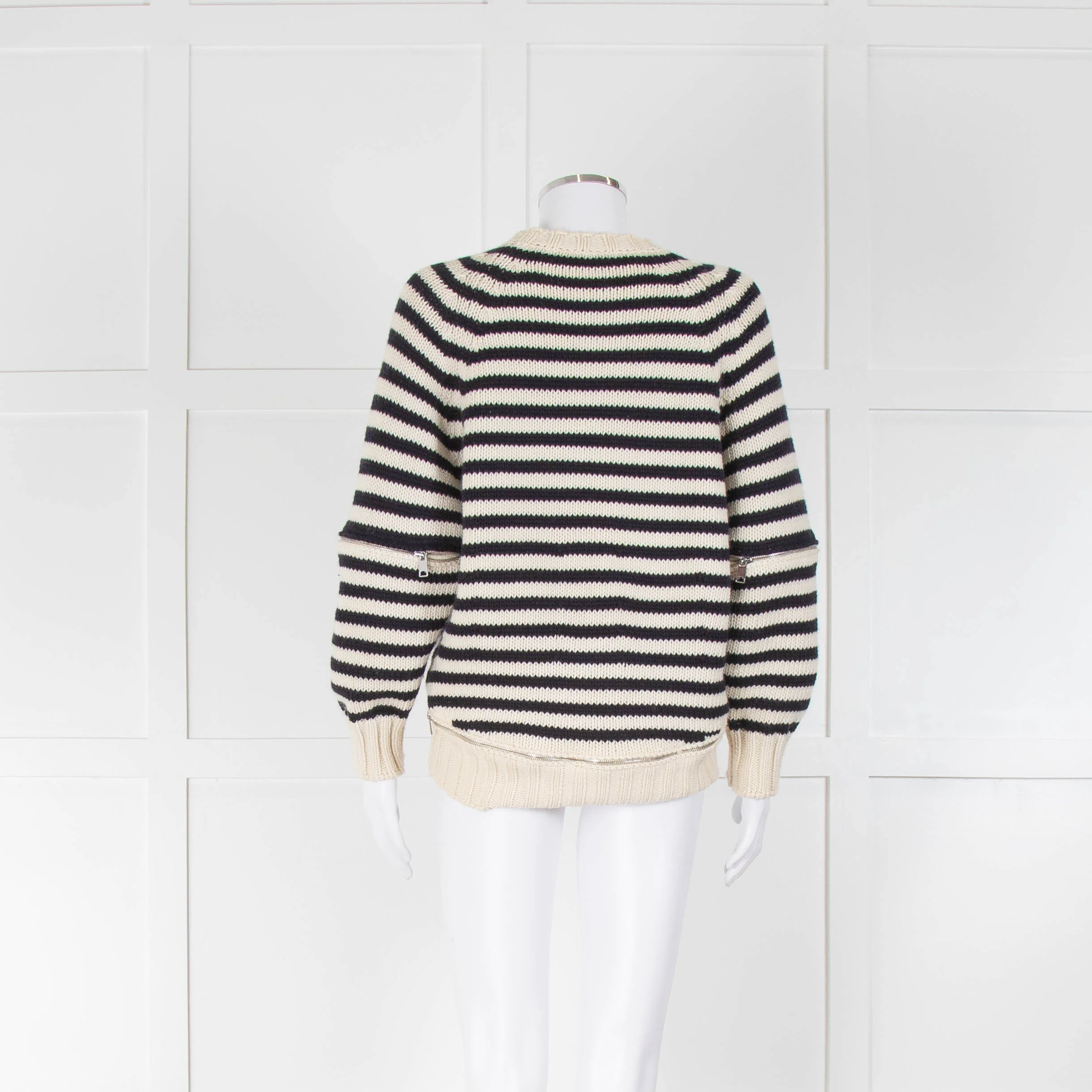 Alexander McQueen Cream and Navy Stripe Zip Detail Jumper - Image 5