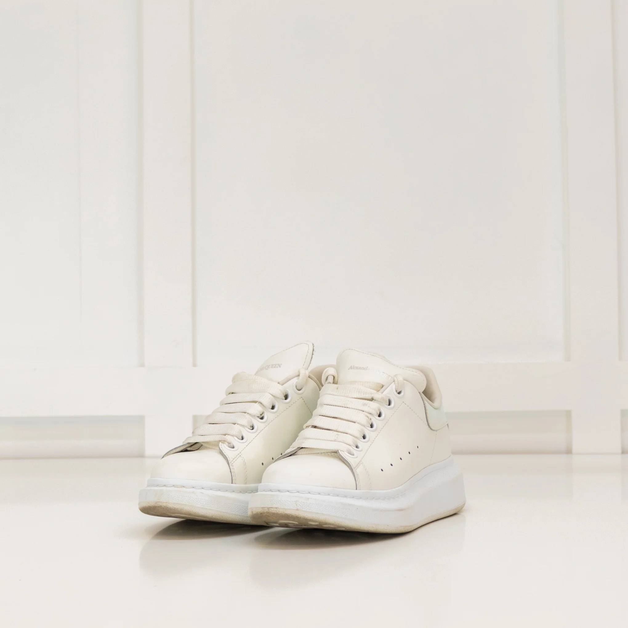 Alexander McQueen White Leather Iridescent Ankle Cap Trainers