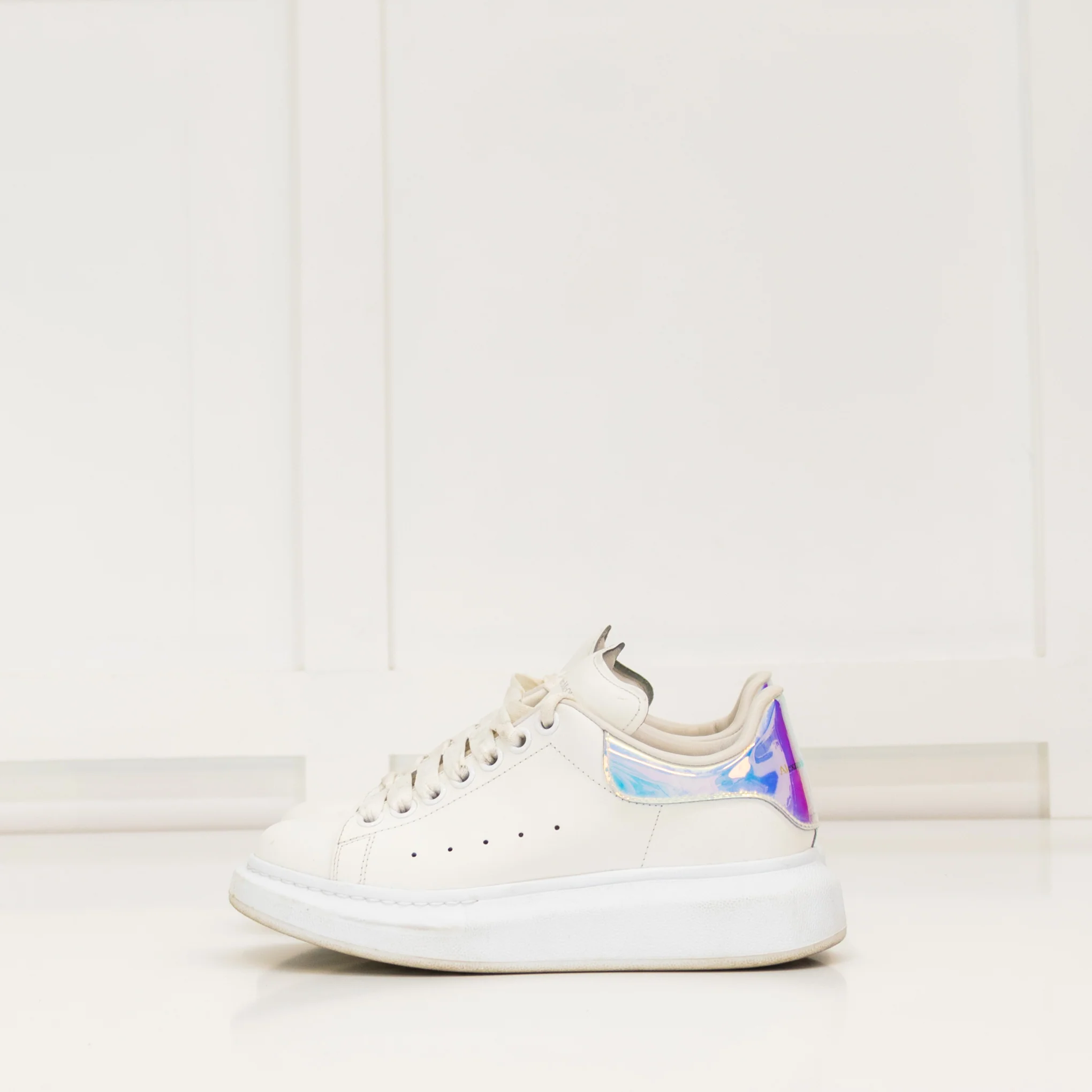 Alexander McQueen White Leather Iridescent Ankle Cap Trainers - Image 3