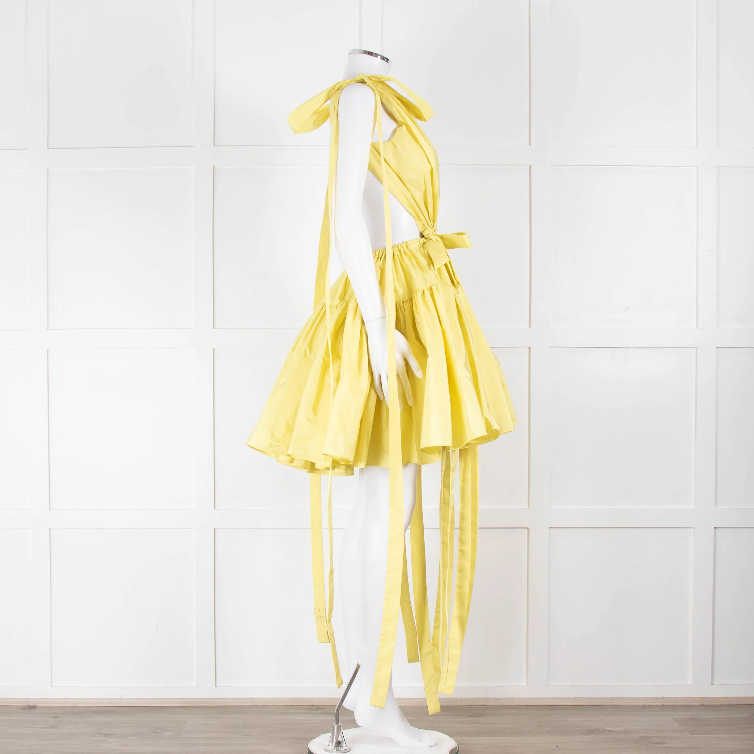 Alexander McQueen Yellow Gathered Faille V Neck Mini Dress - Image 3