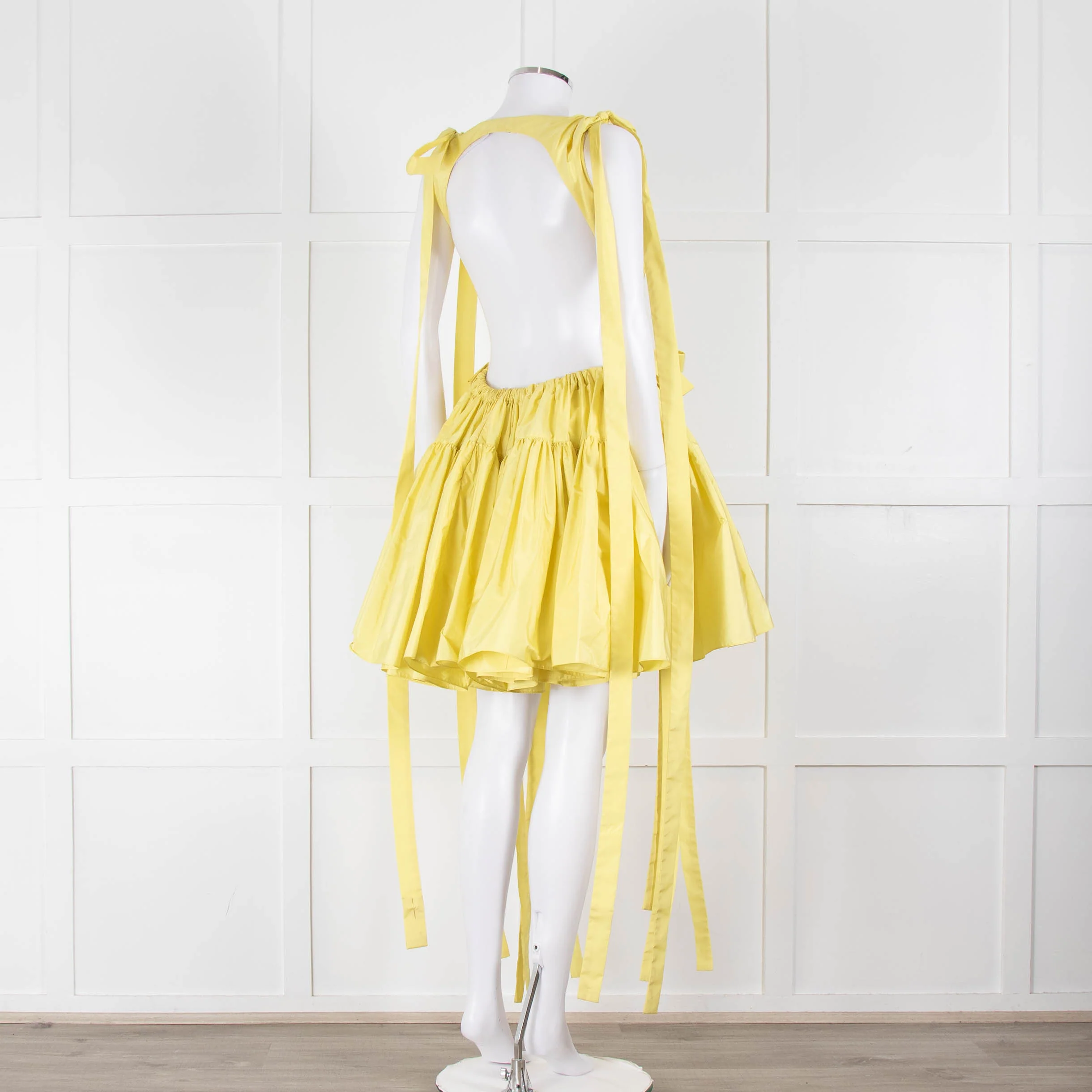 Alexander McQueen Yellow Gathered Faille V Neck Mini Dress - Image 4