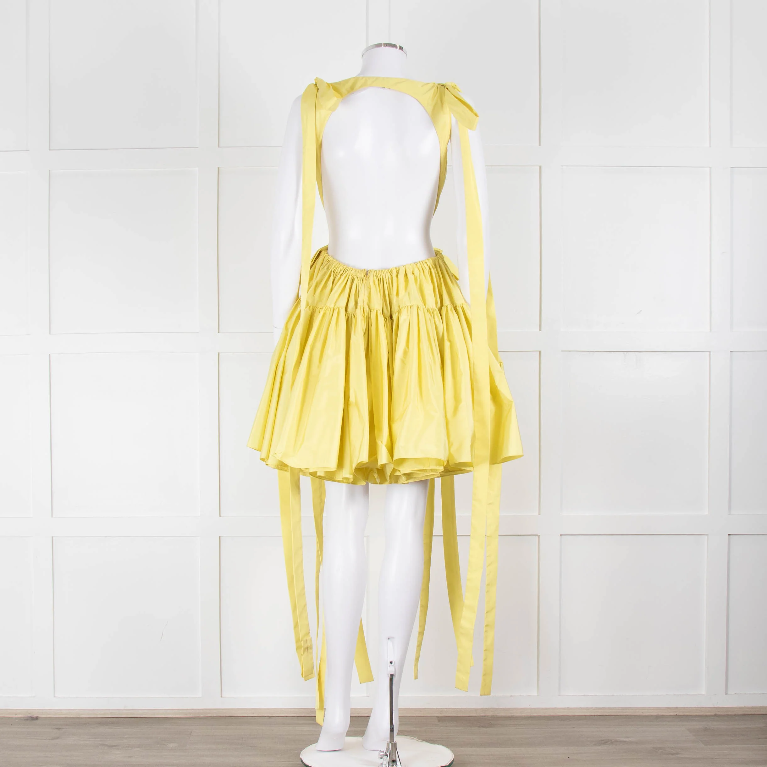 Alexander McQueen Yellow Gathered Faille V Neck Mini Dress - Image 5