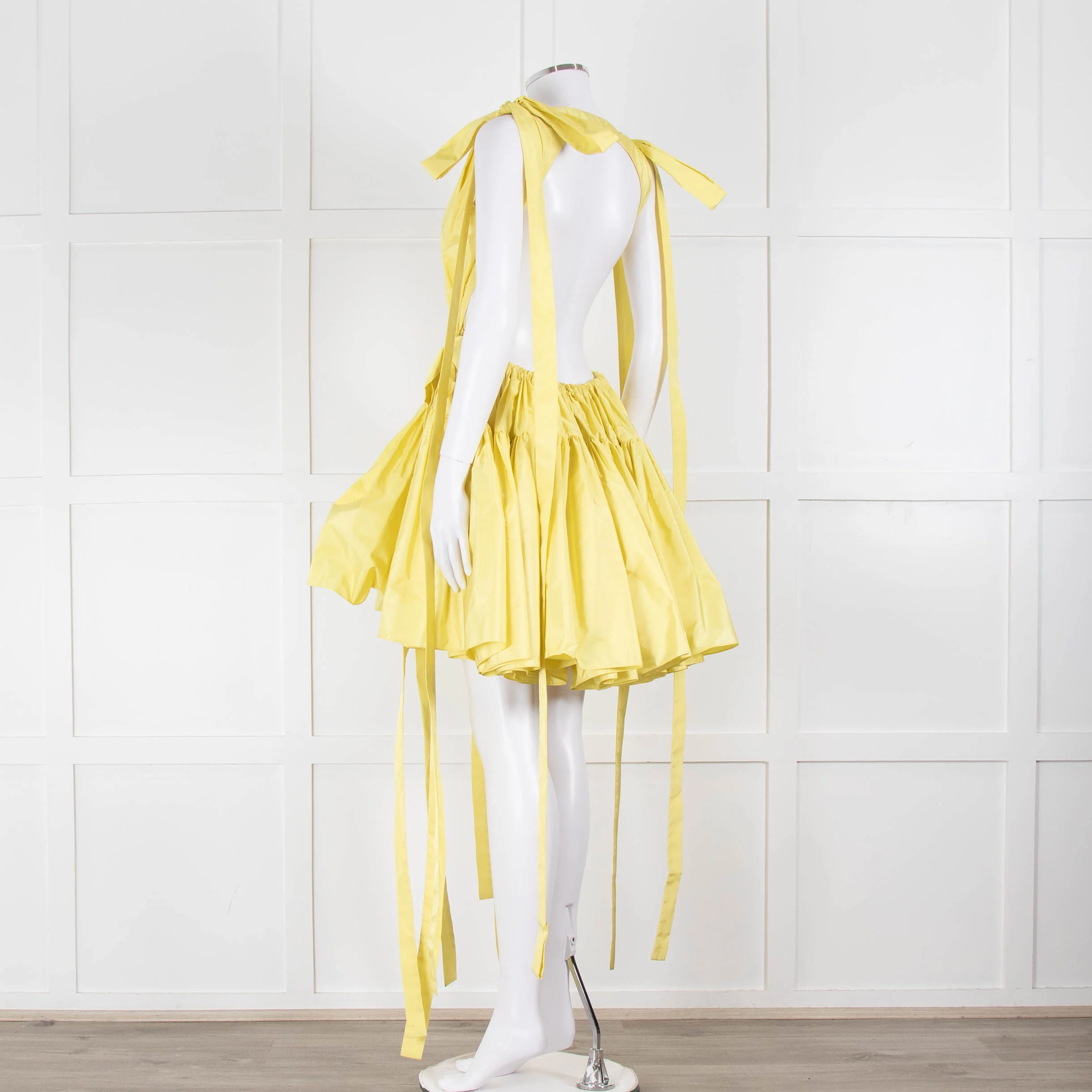 Alexander McQueen Yellow Gathered Faille V Neck Mini Dress - Image 6