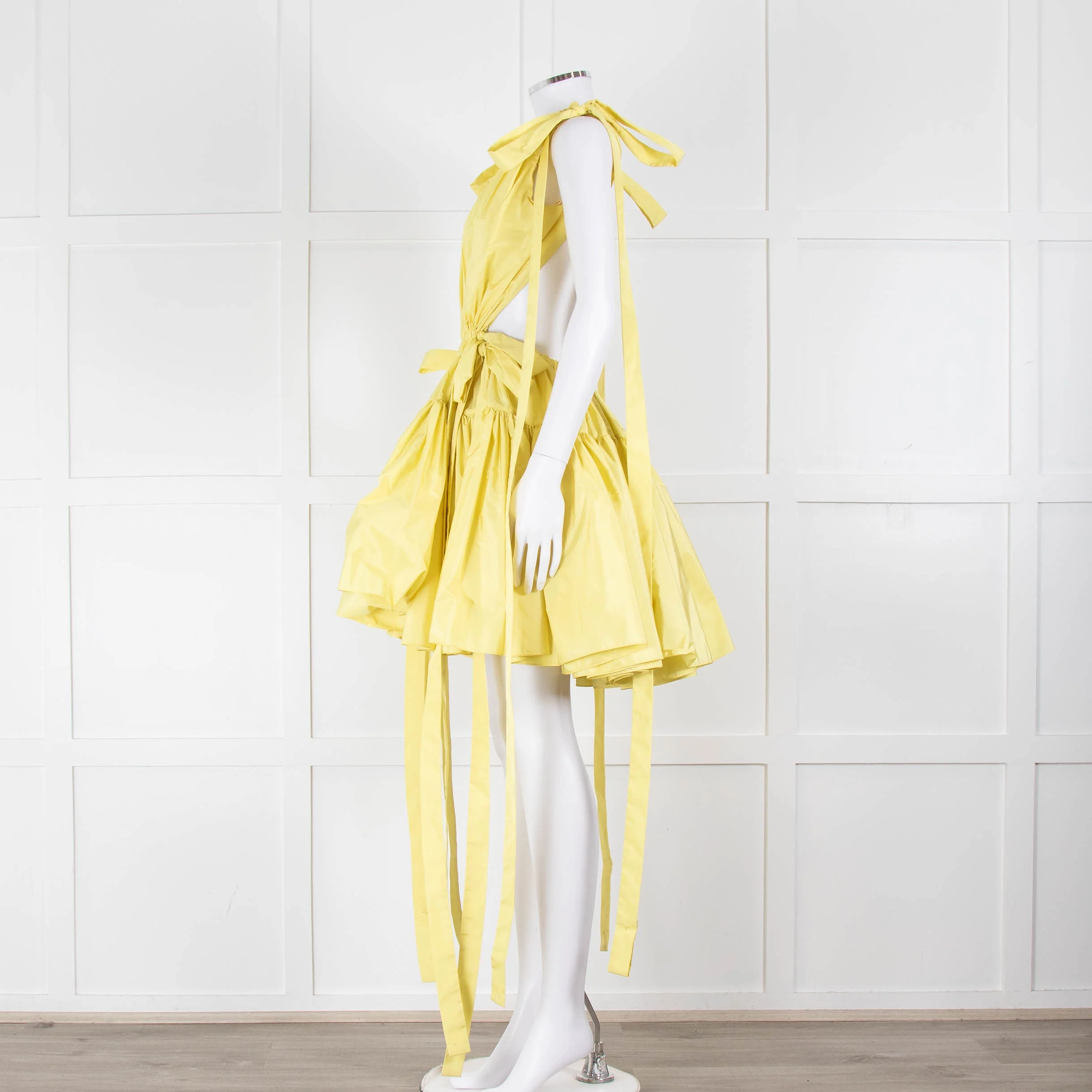 Alexander McQueen Yellow Gathered Faille V Neck Mini Dress - Image 7
