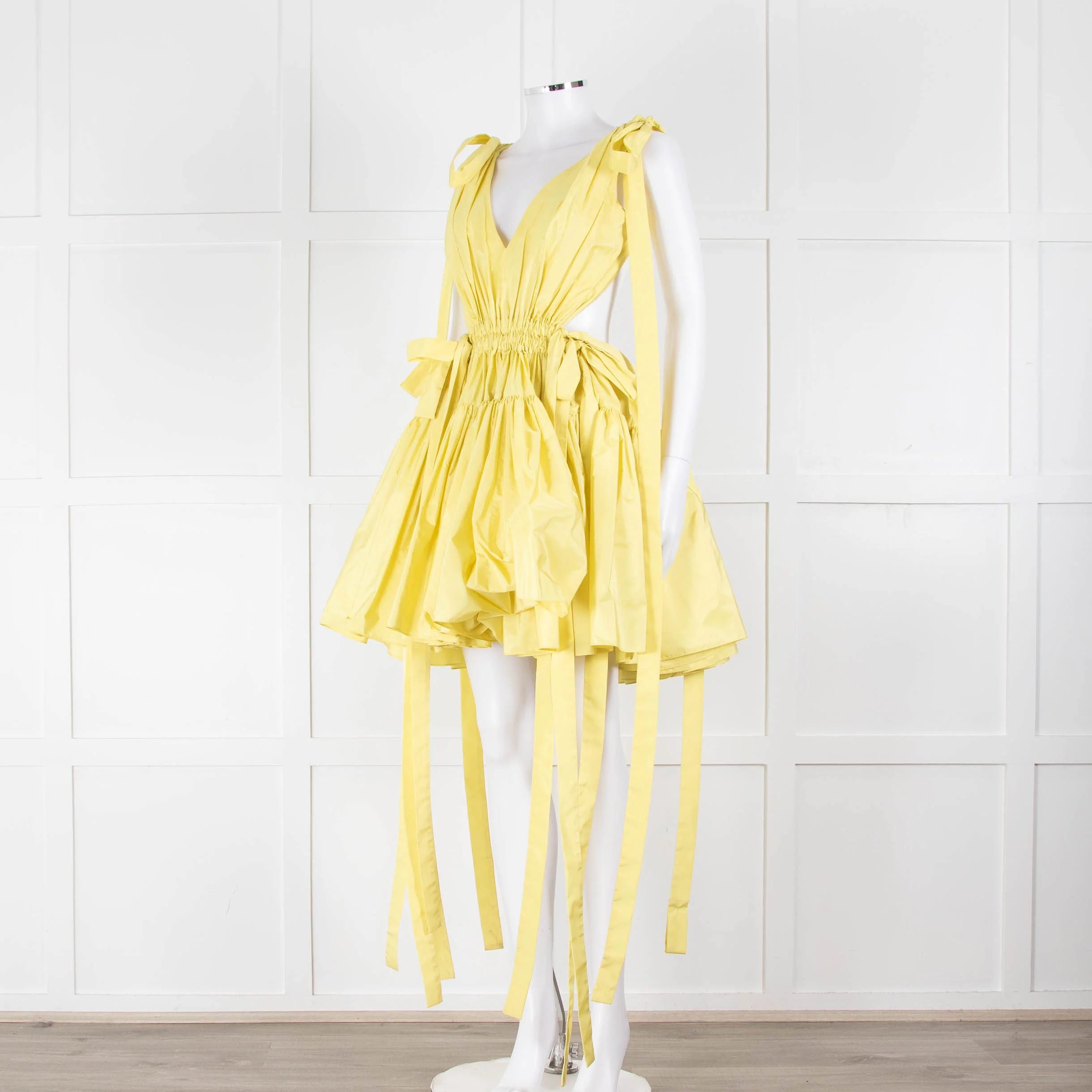 Alexander McQueen Yellow Gathered Faille V Neck Mini Dress - Image 8