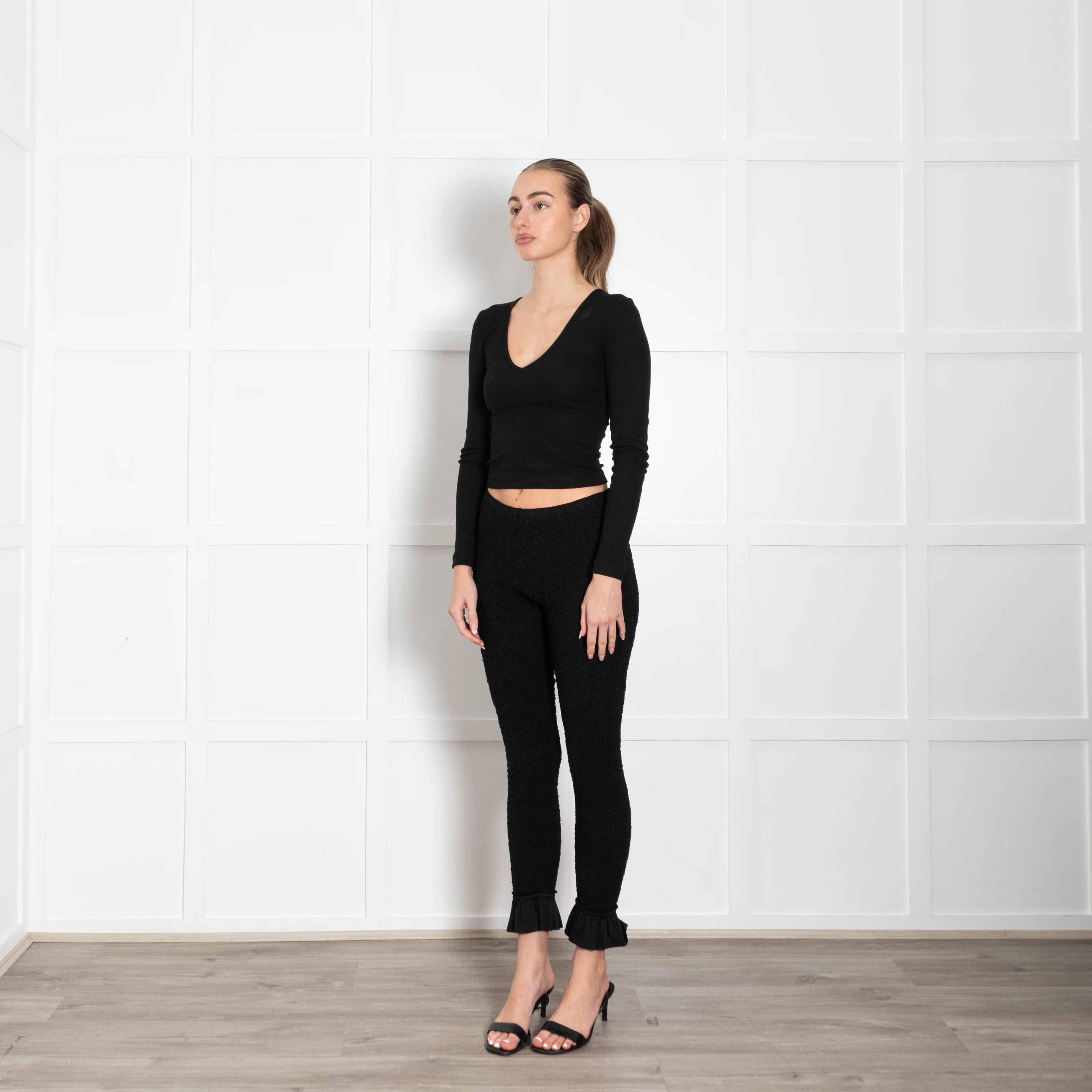 Alexander Wang Black High Waisted Smock Ruffle Edge Boot Cut Pants - Image 3