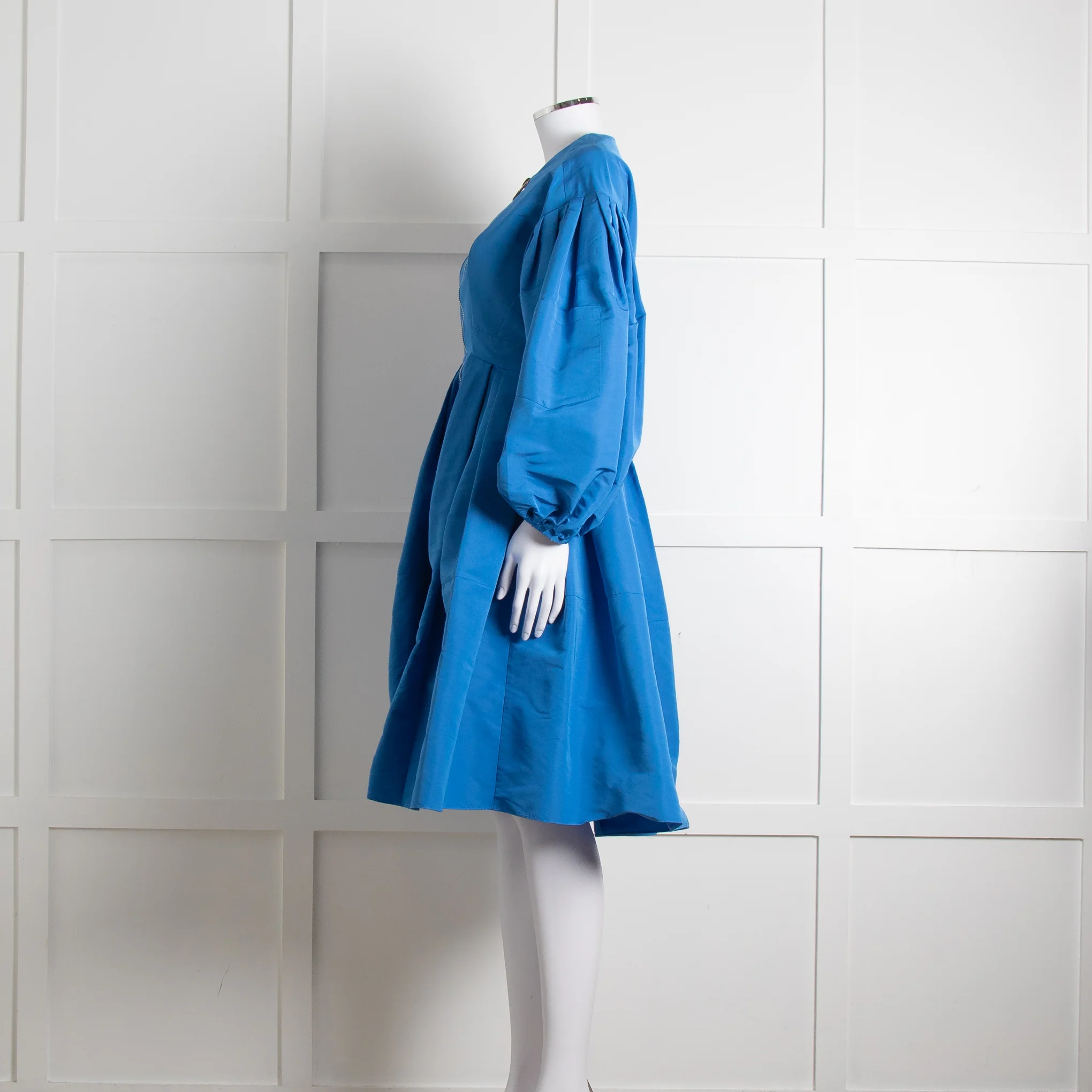 Alexander McQueen Blue Puffed Sleeve Zipped Faille Dress - Image 7