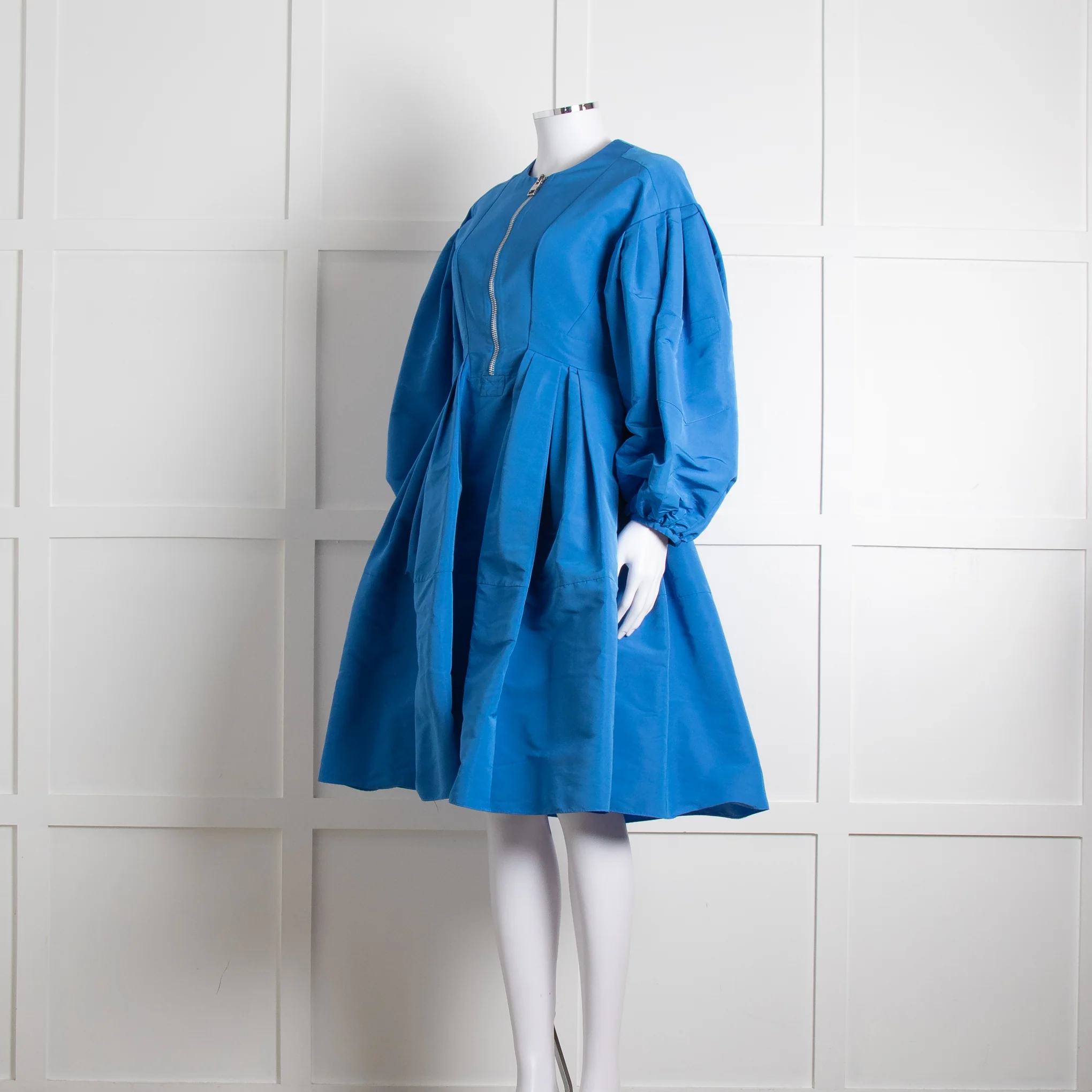Alexander McQueen Blue Puffed Sleeve Zipped Faille Dress - Image 8