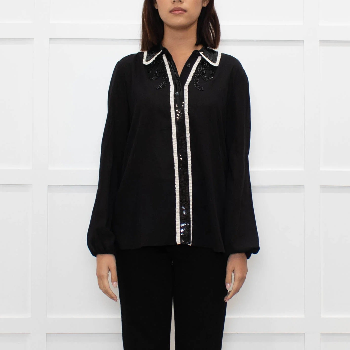 Alice + Olivia Black On Black Sequin White Frill Detail Silk Top - Image 2