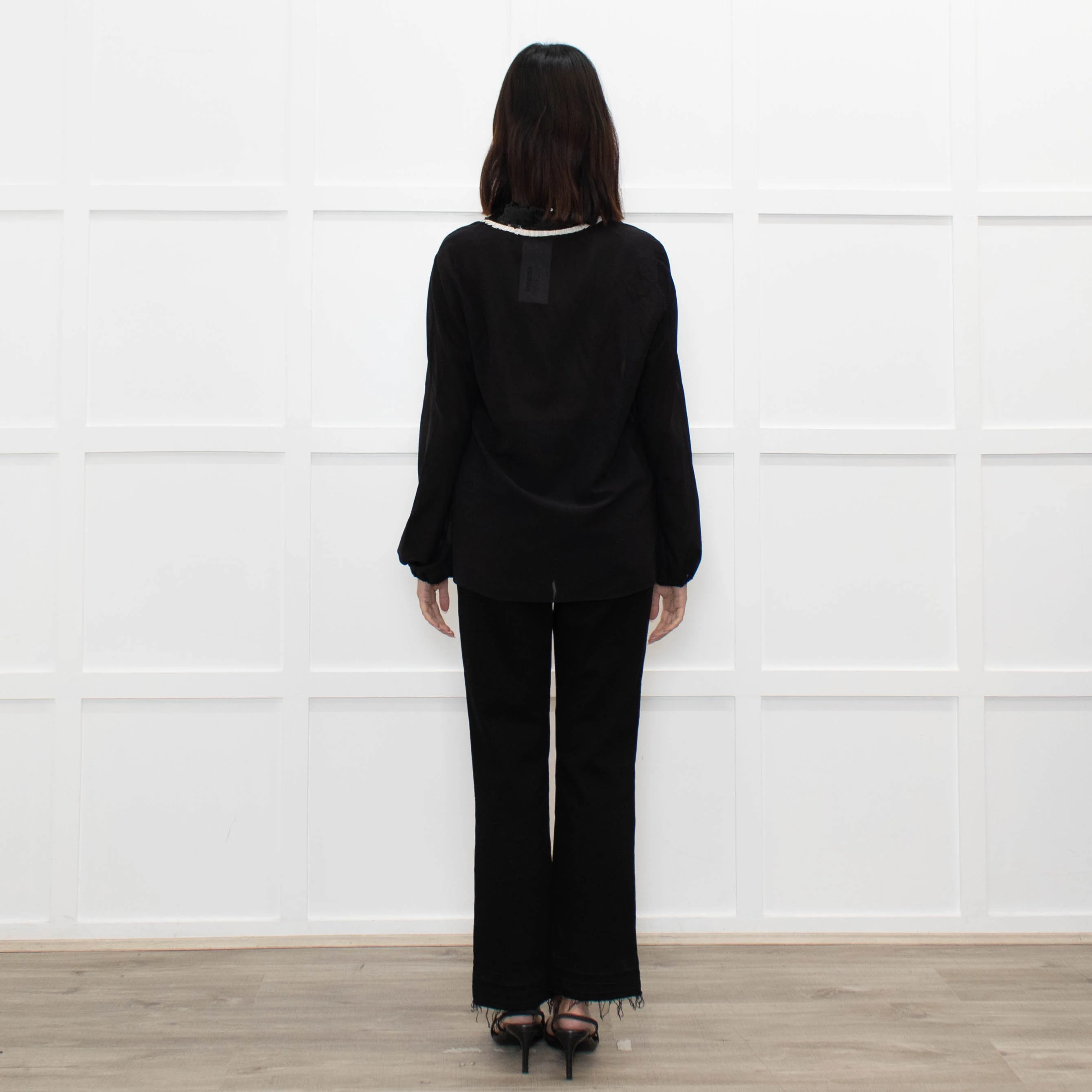 Alice + Olivia Black On Black Sequin White Frill Detail Silk Top - Image 5