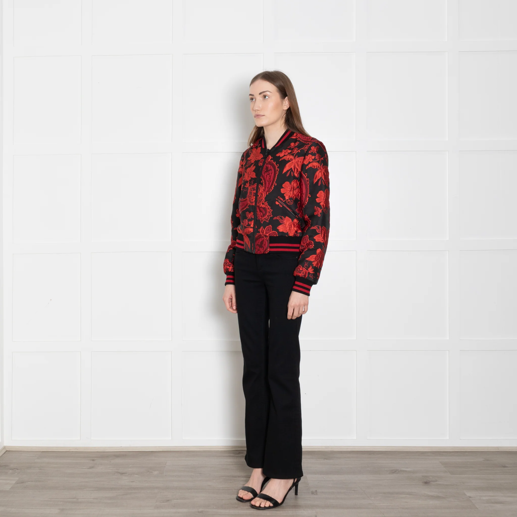 Alice + Olivia Black Red Floral Jacquard Bomber Jacket - Image 3