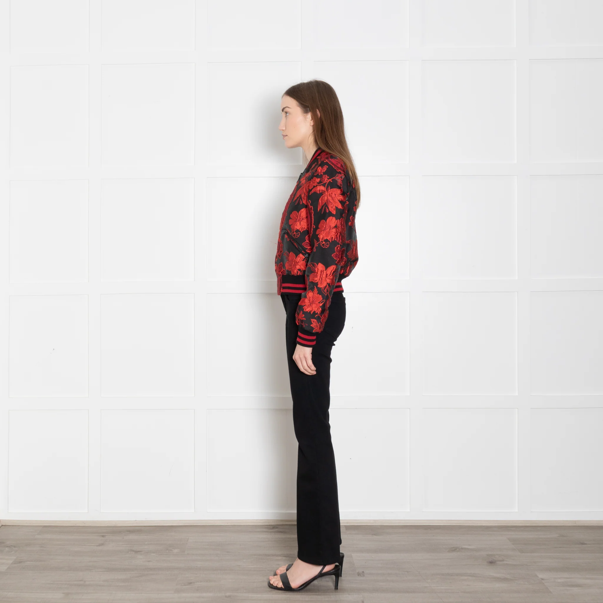 Alice + Olivia Black Red Floral Jacquard Bomber Jacket - Image 4