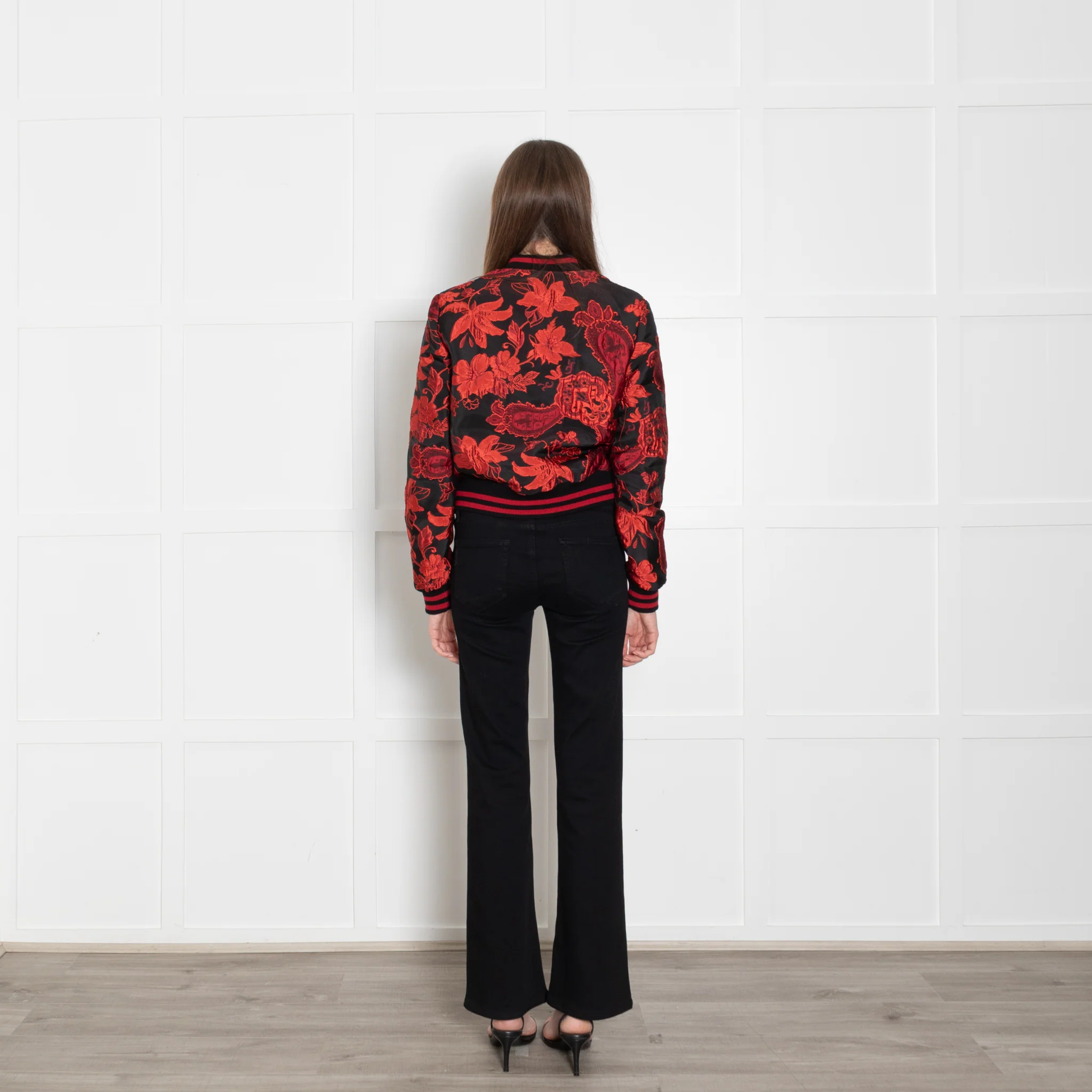Alice + Olivia Black Red Floral Jacquard Bomber Jacket - Image 5
