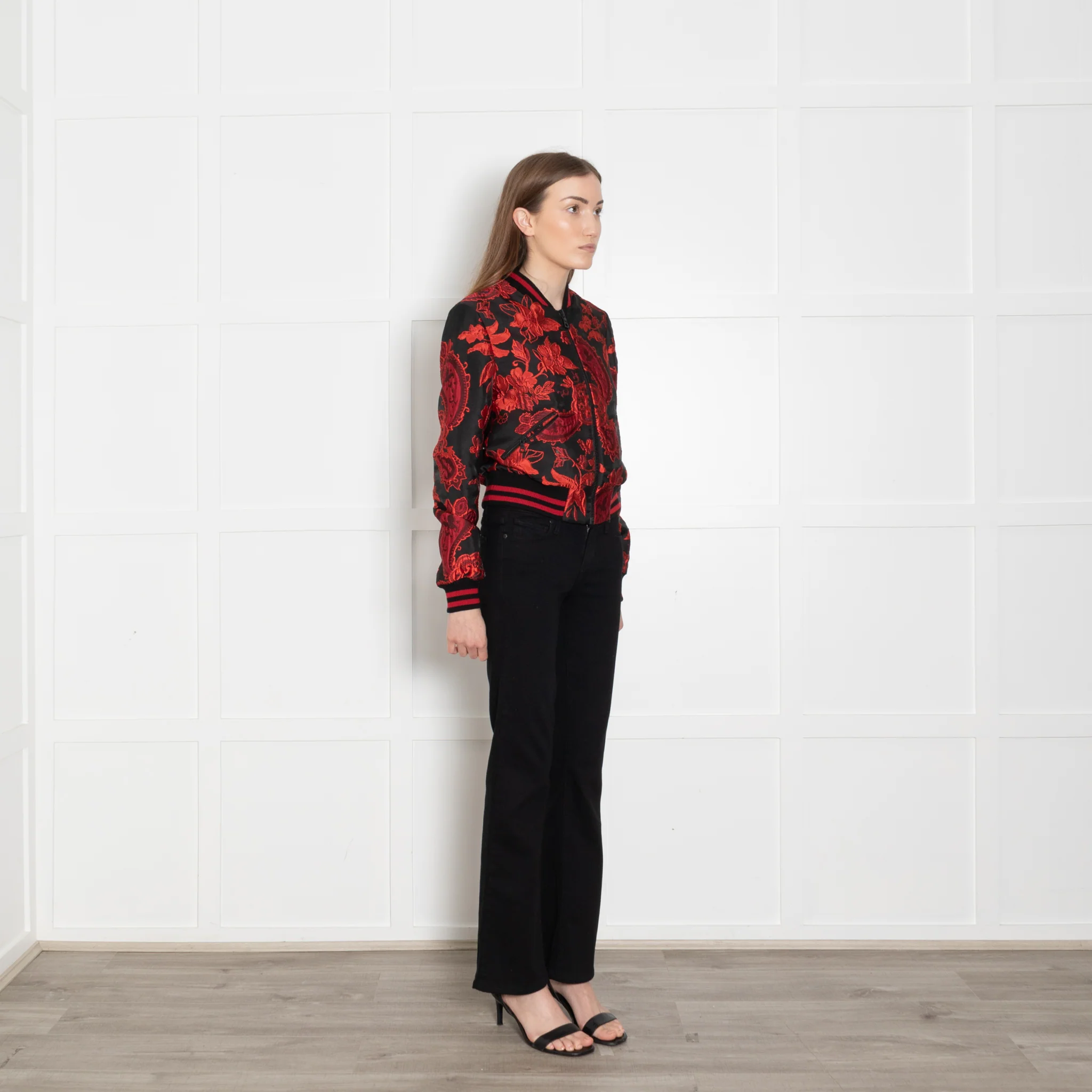 Alice + Olivia Black Red Floral Jacquard Bomber Jacket - Image 7