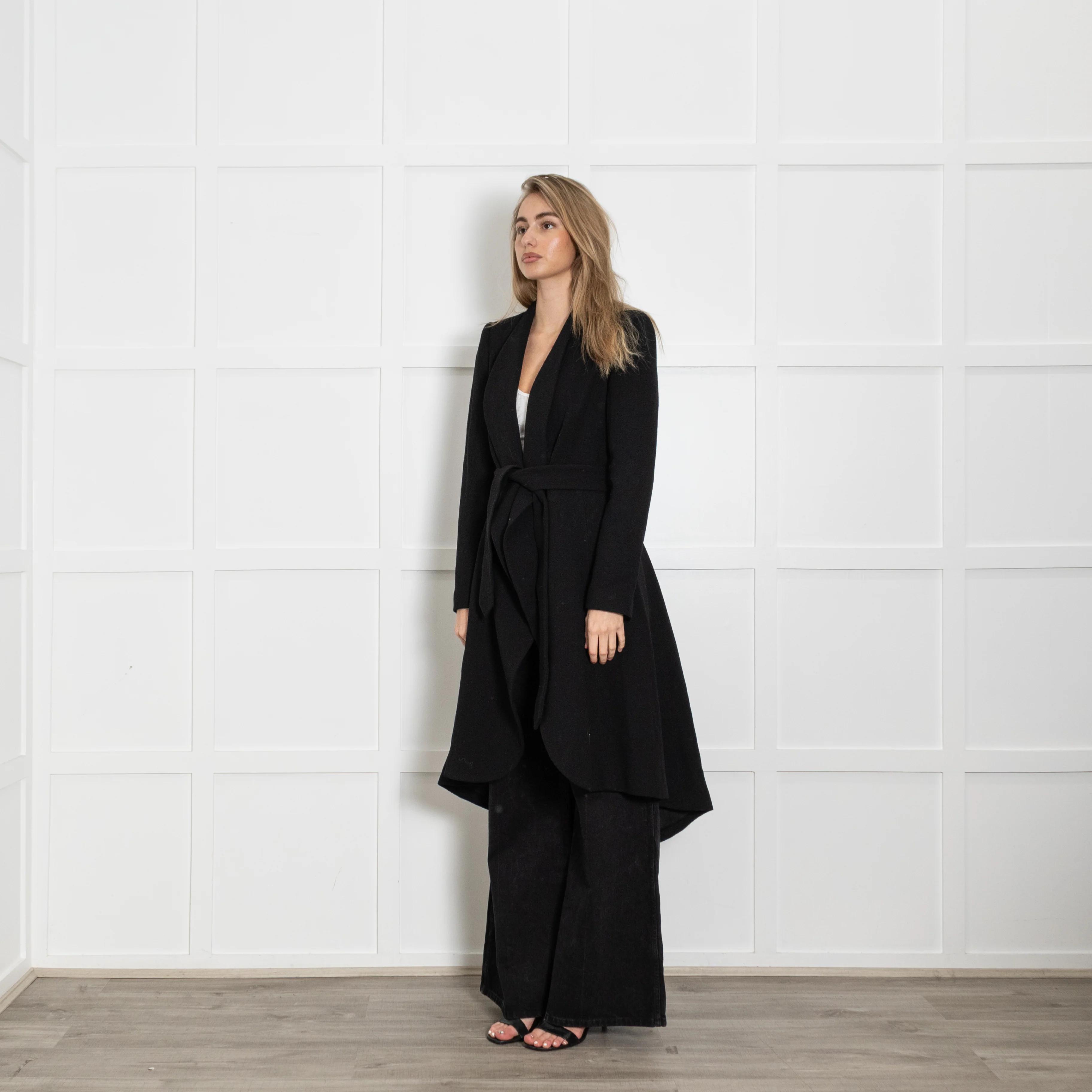 Alice + Olivia Black Wool/Silk Mix Coat With Dropped Back Hem & Belt - Image 3