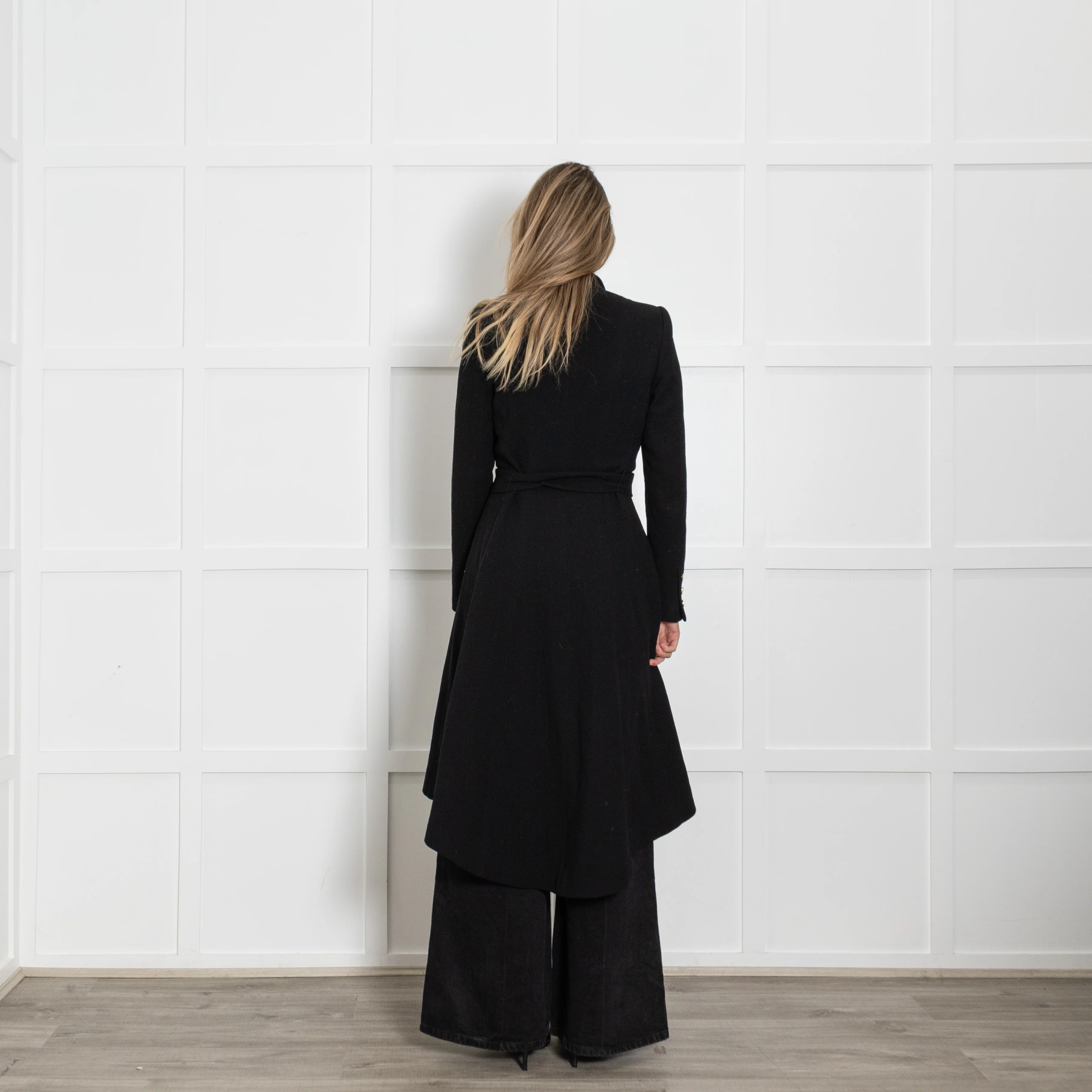 Alice + Olivia Black Wool/Silk Mix Coat With Dropped Back Hem & Belt - Image 5