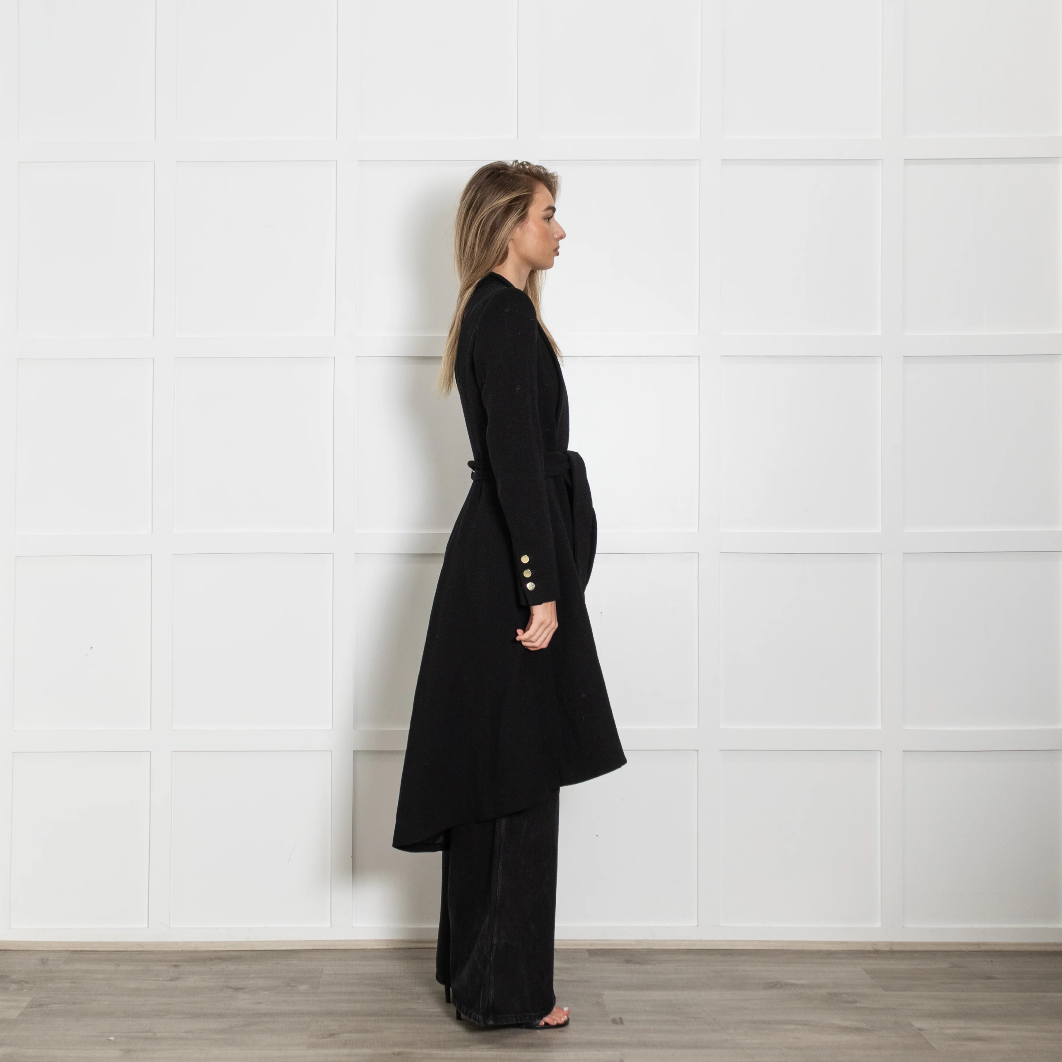 Alice + Olivia Black Wool/Silk Mix Coat With Dropped Back Hem & Belt - Image 6