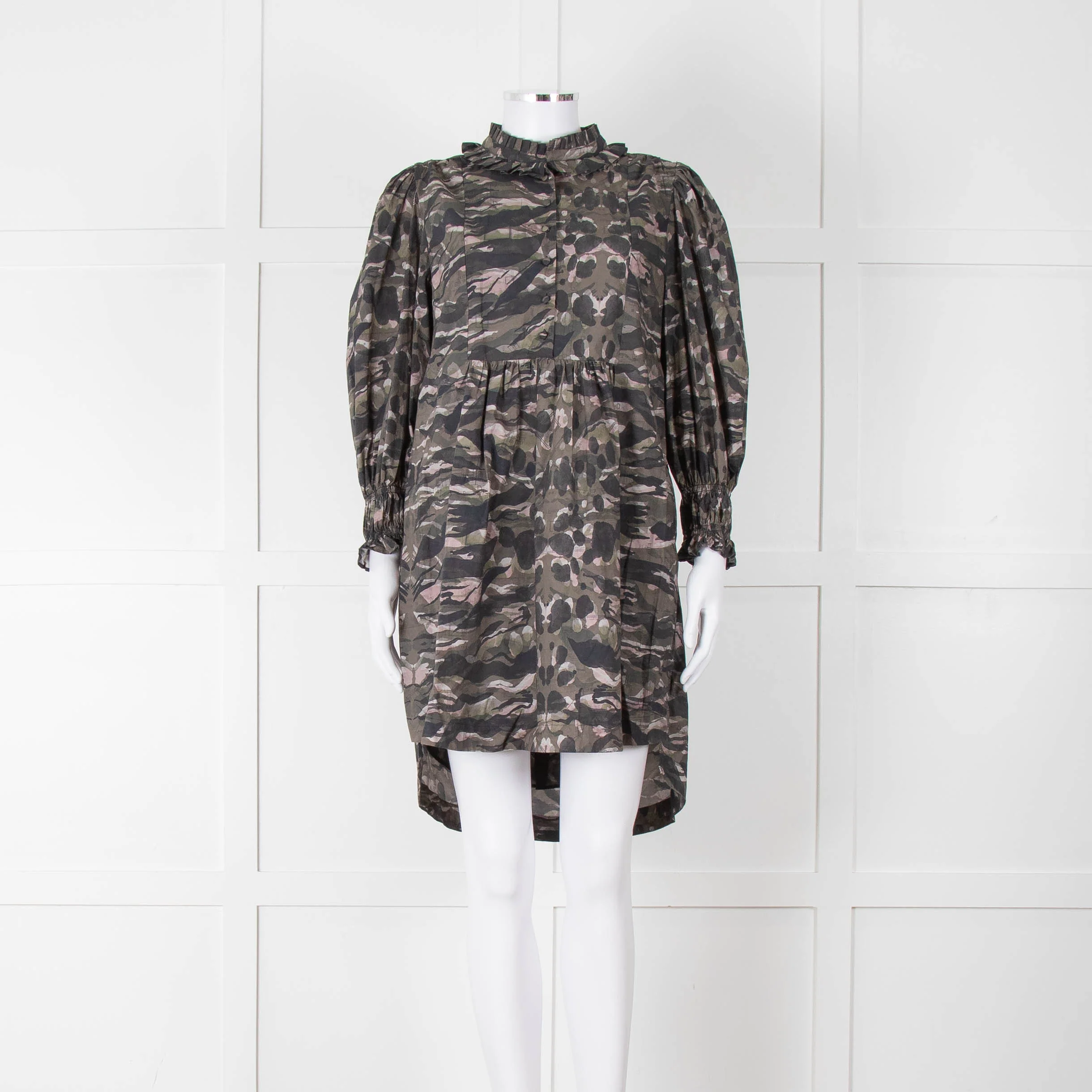 All Saints Green Khaki Puff Ruched Cuff Sleeved Mini Dress