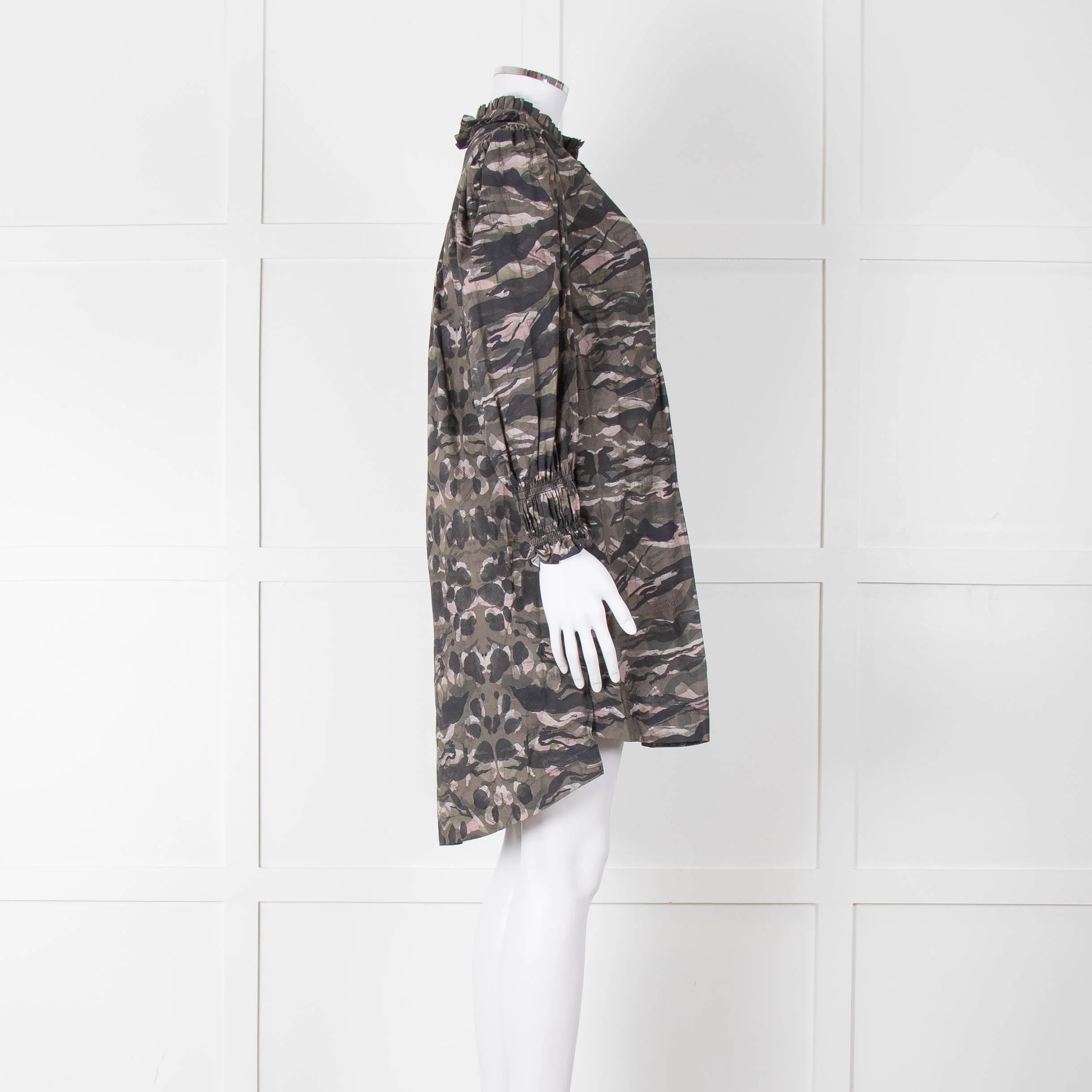 All Saints Green Khaki Puff Ruched Cuff Sleeved Mini Dress - Image 3
