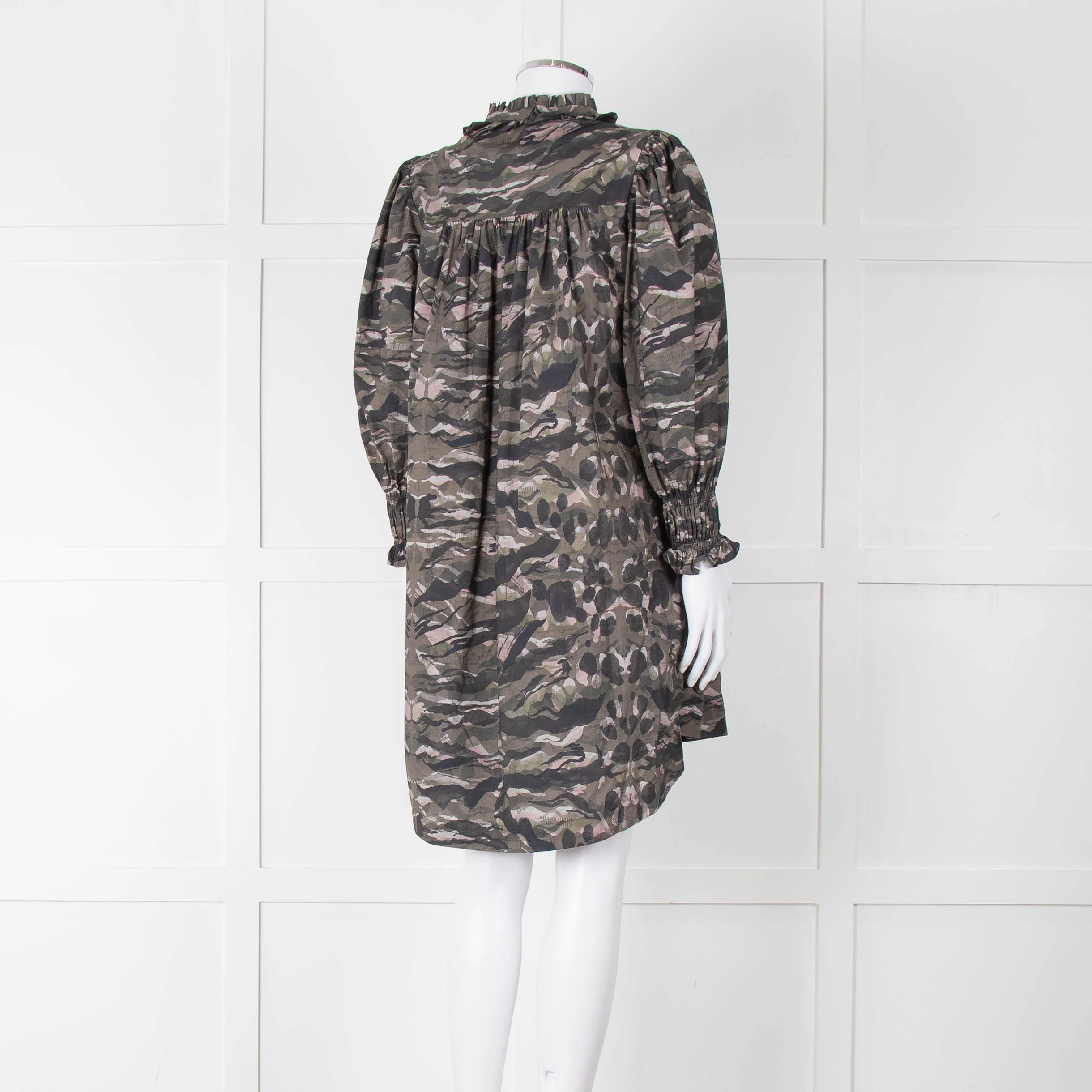 All Saints Green Khaki Puff Ruched Cuff Sleeved Mini Dress - Image 4