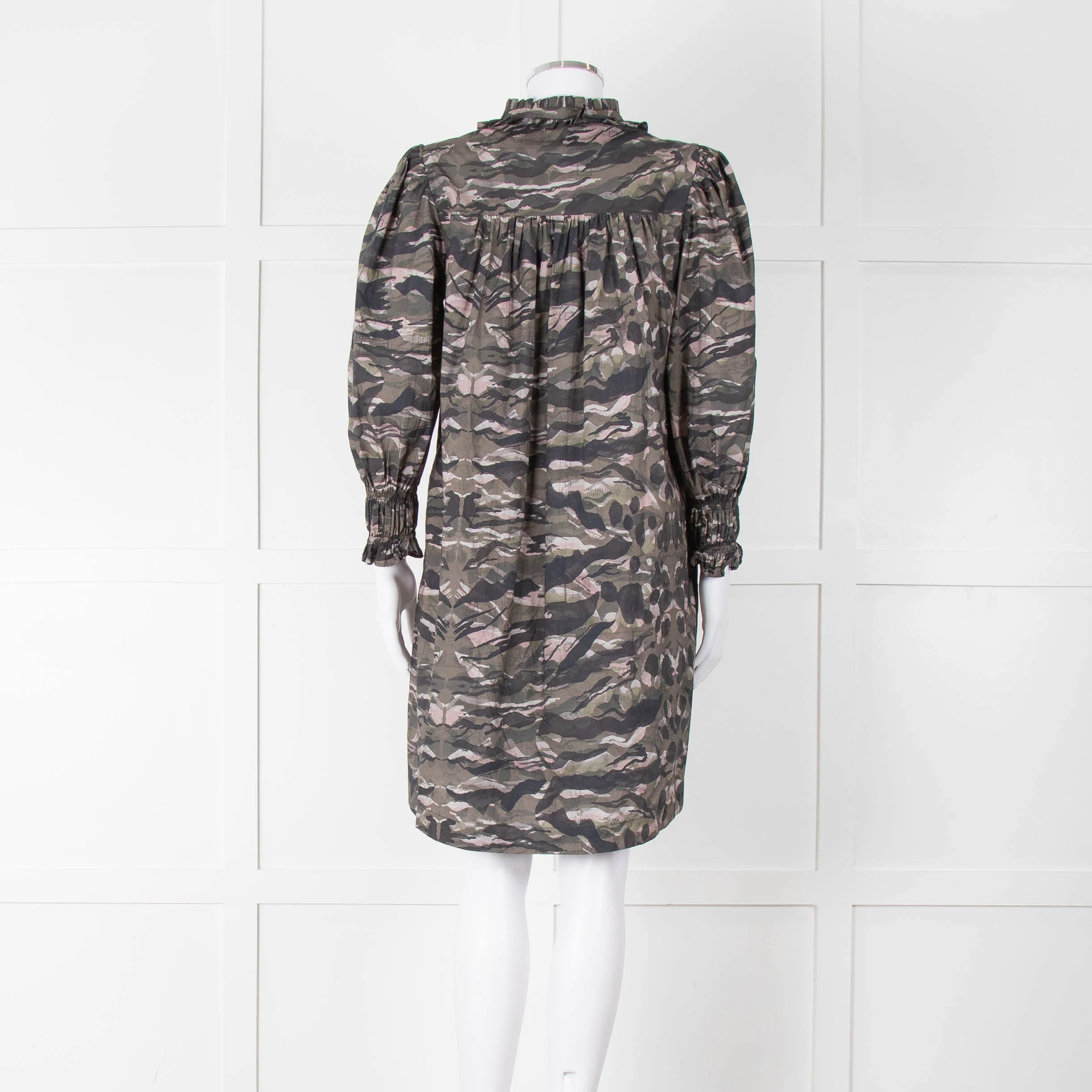 All Saints Green Khaki Puff Ruched Cuff Sleeved Mini Dress - Image 5