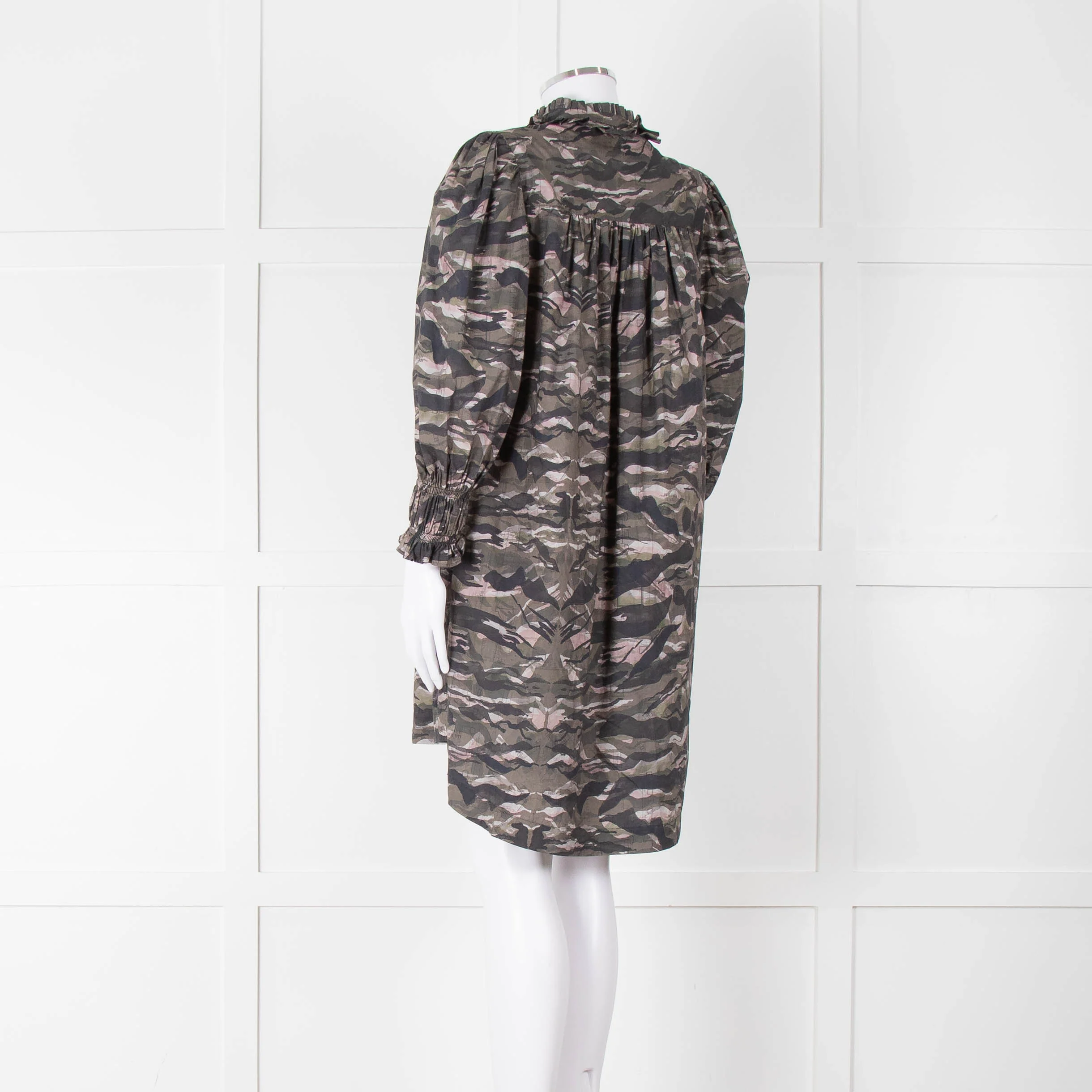 All Saints Green Khaki Puff Ruched Cuff Sleeved Mini Dress - Image 6